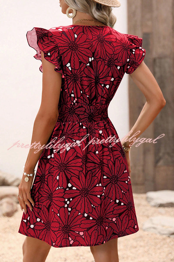 Floral Print Ruffle Sleeve Mini Dress with Elastic Waist - Perfect for Weekend Outings, Brunch Dates & Summer Vacations
