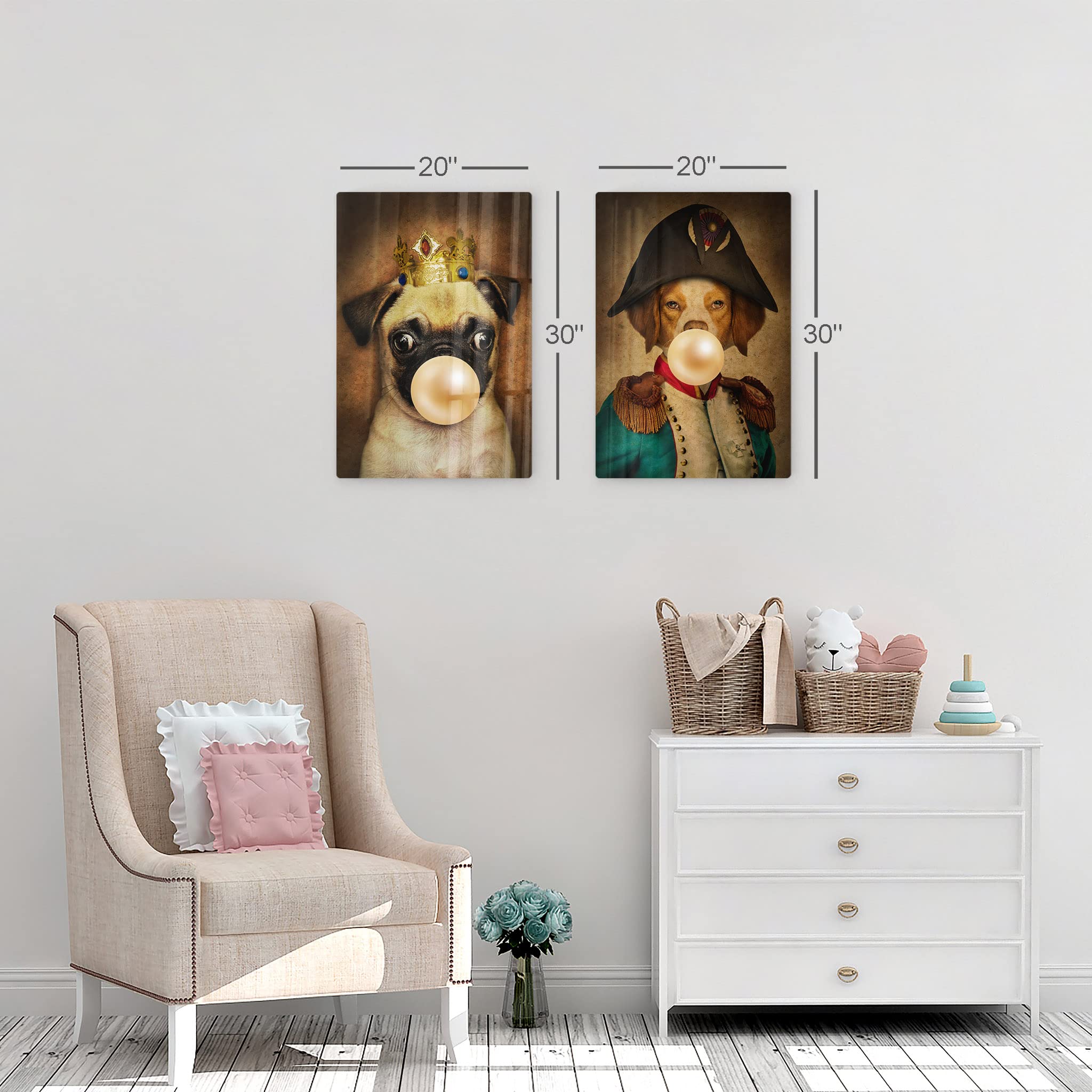 King Pug & Epagneul Breton Dog Portrait Metal Wall Art Set - Crowned Pug Chewing Bubble Gum, 2-Piece Animal Decor for Living Room, Bedroom, Nursery (17x11 Inches) - Perfect for Pet Lovers' Home & Kids Room Wall Decoration