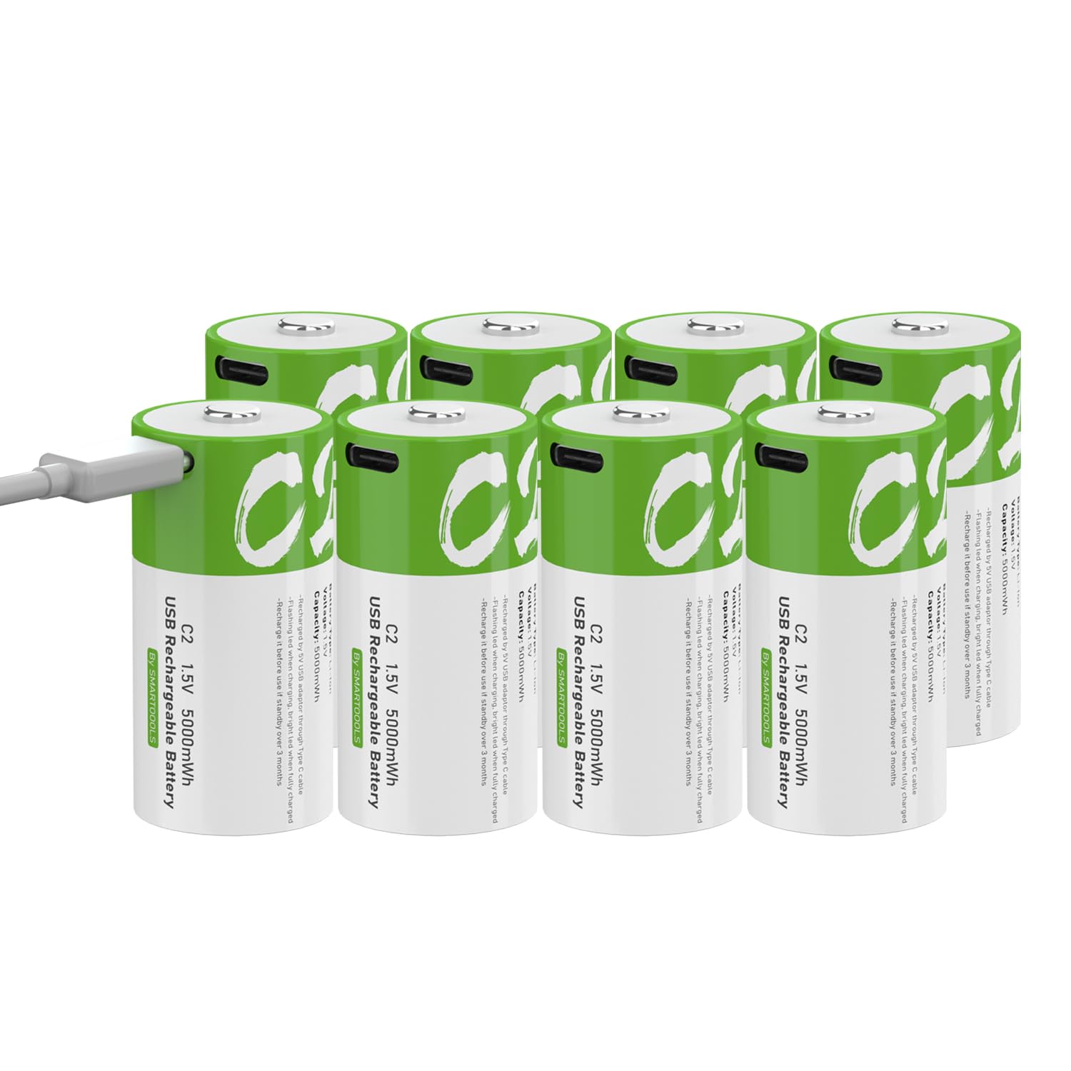 Rechargeable C Batteries 1.5V 5000mWh USB Type C Lithium-ion C Cell Batteries - 8 Pack for Flashlights, Toys, Radios & Emergency Power Backup