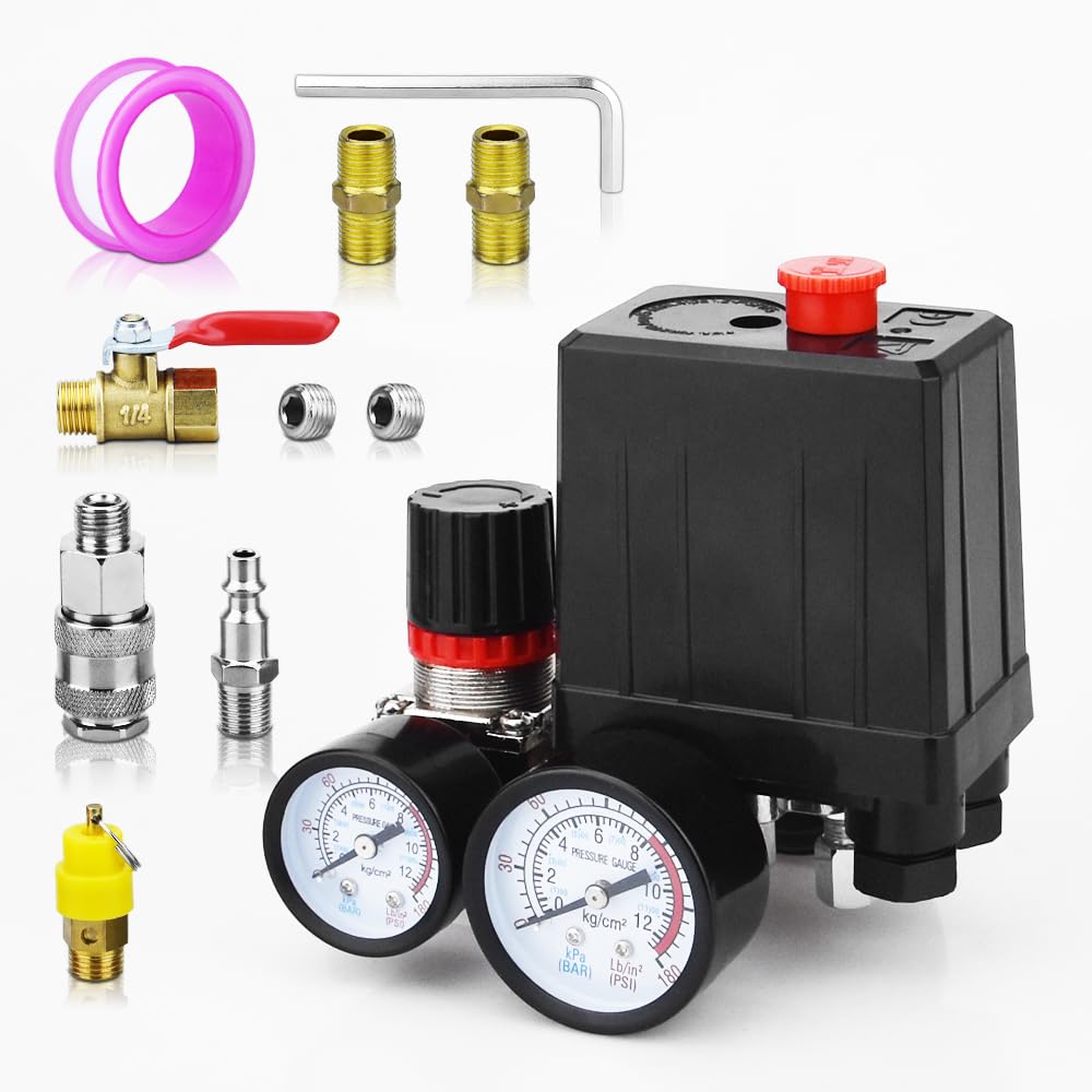 90-120PSI Air Compressor Pressure Switch with 0-180PSI Regulator | 4-Way Replacement Part for Air Compressors | 110V-240V Compatible | Ideal for Workshop, Garage & Industrial Use (LS-AR1)