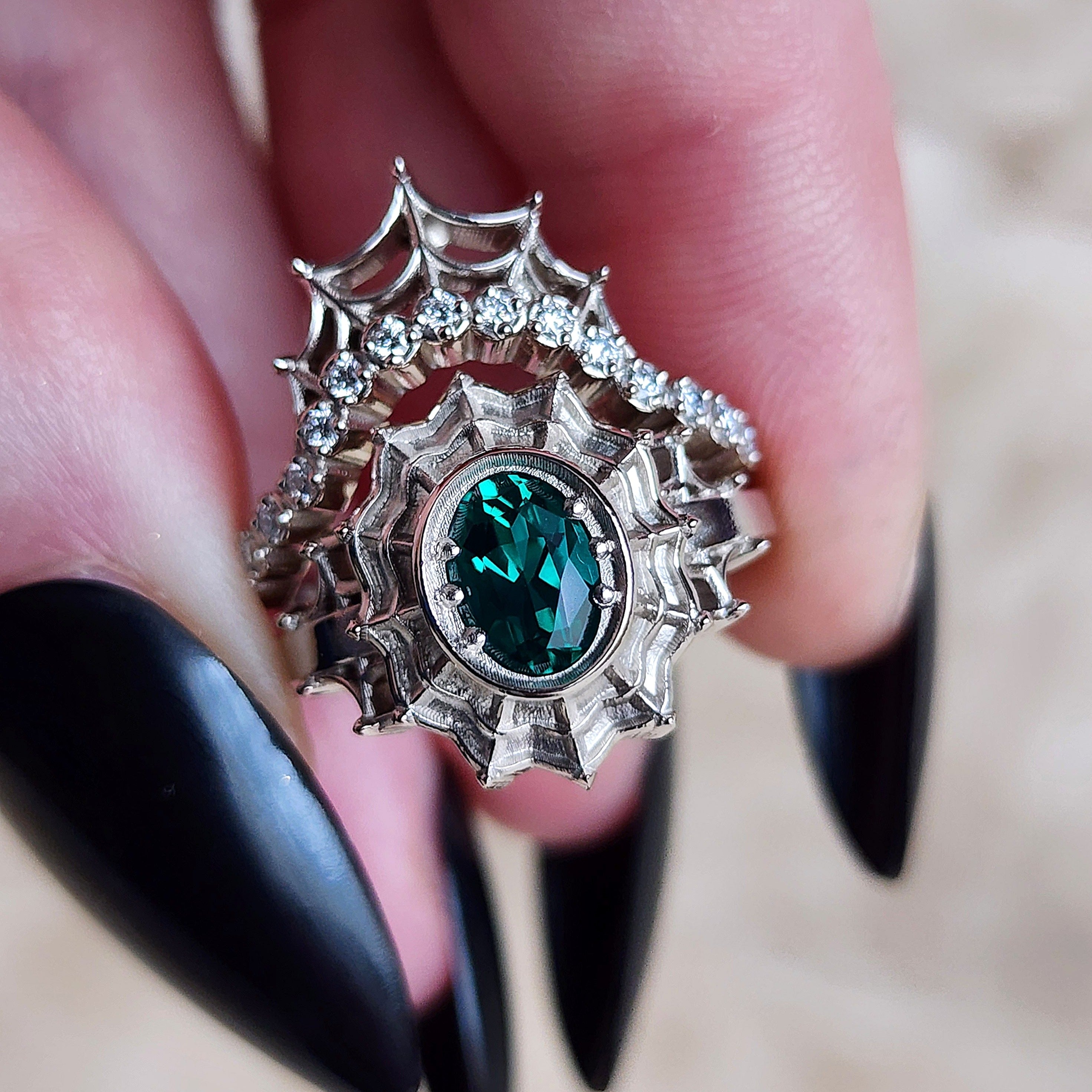 Emerald Gothic Wedding Ring Set - 14K Palladium White Gold Spider Web Engagement Ring with Oval Gemstone for Alternative Brides | Dark Romance Jewelry for Weddings, Halloween & Gothic Fashion