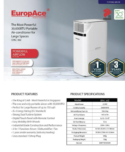 Europace EPAC 30Z 30,000 BTU Portable Air Conditioner - Ultra Powerful Cooling for Large Rooms, Homes & Offices - Energy Efficient with Remote Control & Easy Installation