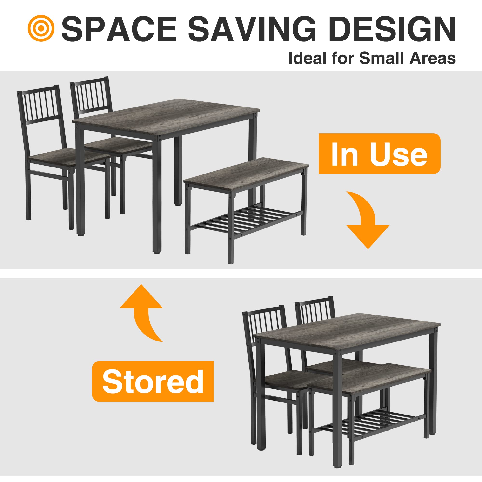 **Teraves 4-Piece Dining Table Set with 2 Chairs & Bench - 120cm Kitchen Table, Computer Desk, Black Oak & Black Frame - Perfect for Small Spaces, Dining Rooms & Home Offices**