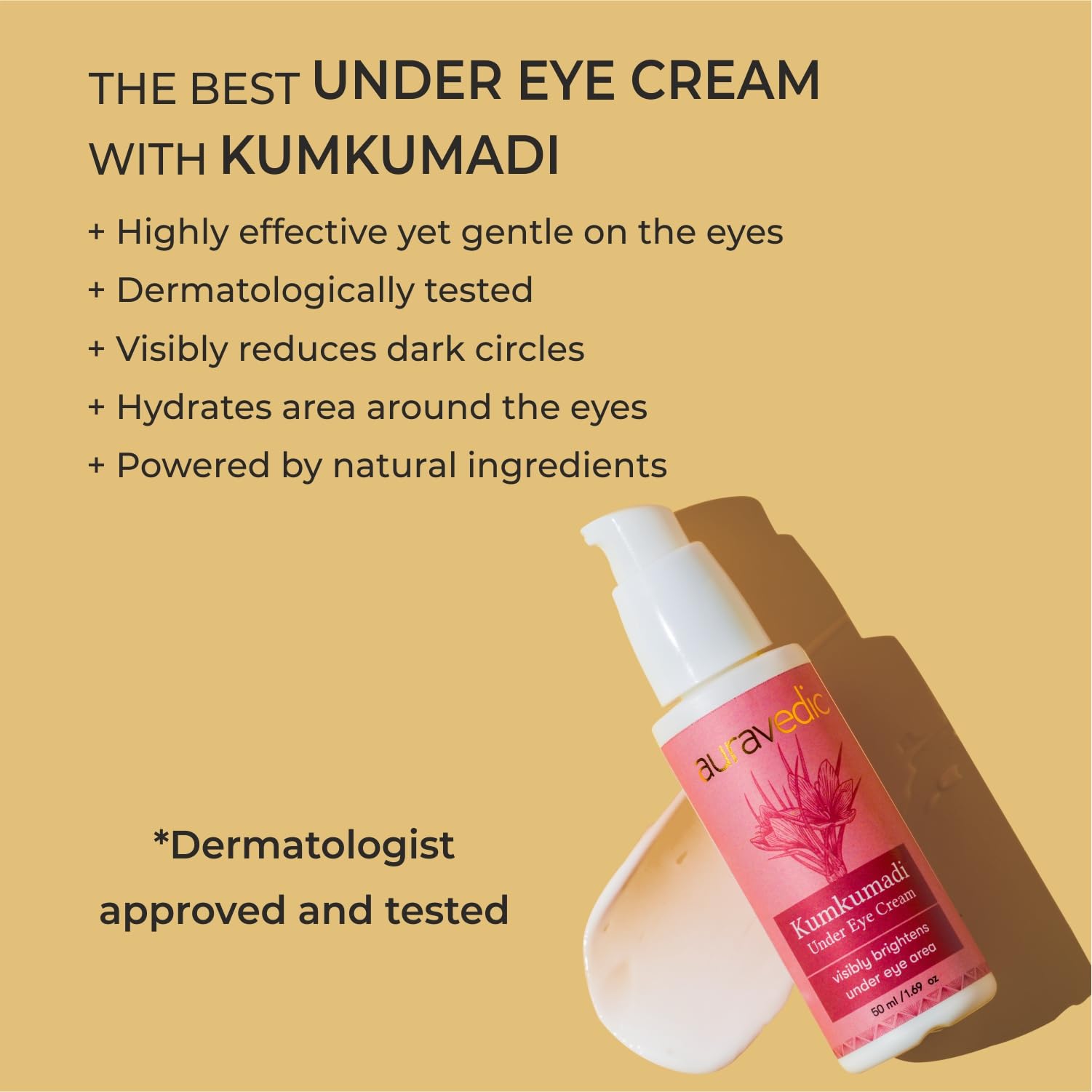AURAVEDIC Kumkumadi Tailam Under Eye Cream for Dark Circles - 50g Ayurvedic Eye Treatment for Men & Women | Reduce Puffiness & Brighten Skin | Perfect for Night Routine & Travel Skincare
