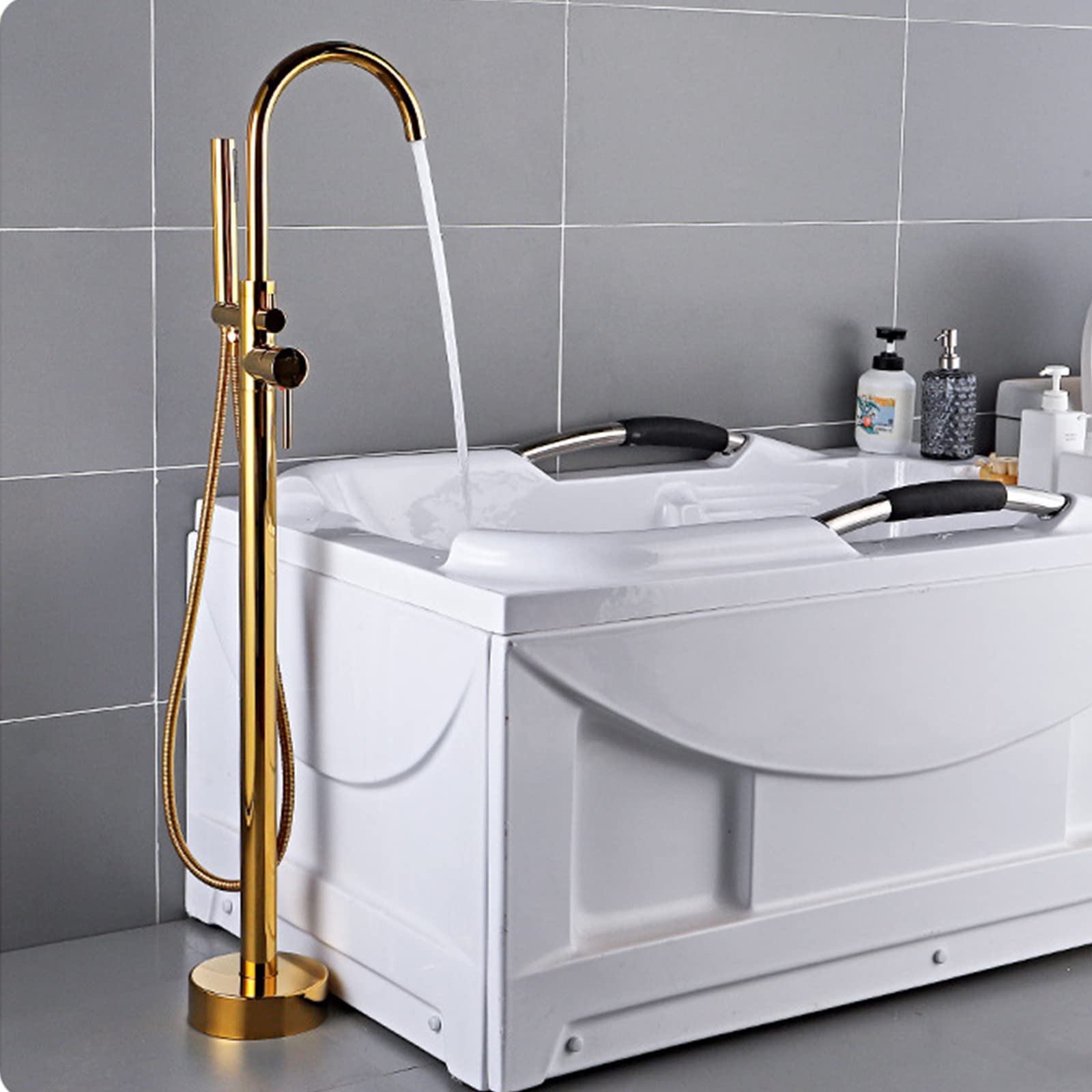 Freestanding Bathtub Faucet with Hand Shower - Brass Floor Standing Tub Filler, Double Handle Hot & Cold Water Mixer Tap, Swivel Spout, Gold Finish - Perfect for Modern Bathroom & Spa Relaxation