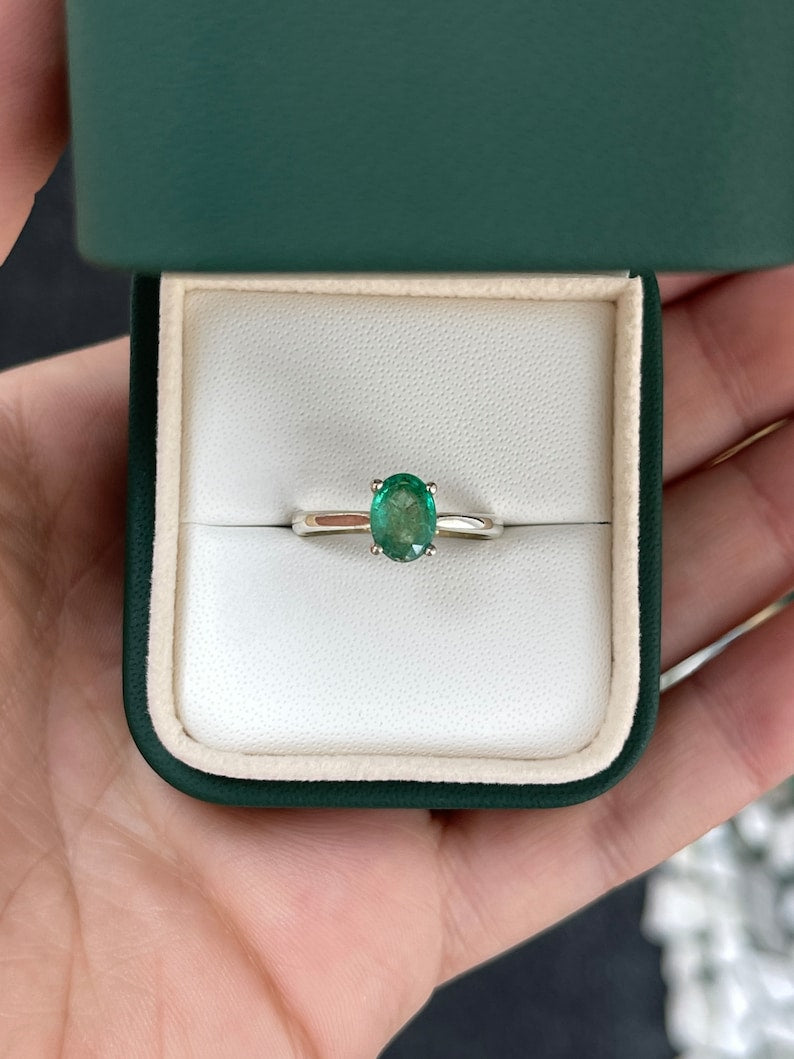 1.0ct Natural SS Medium Dark Green Emerald Oval Cut Sterling Silver 4-Prong Solitaire Ring – Elegant Jewelry for Engagement, Wedding & Special Occasions