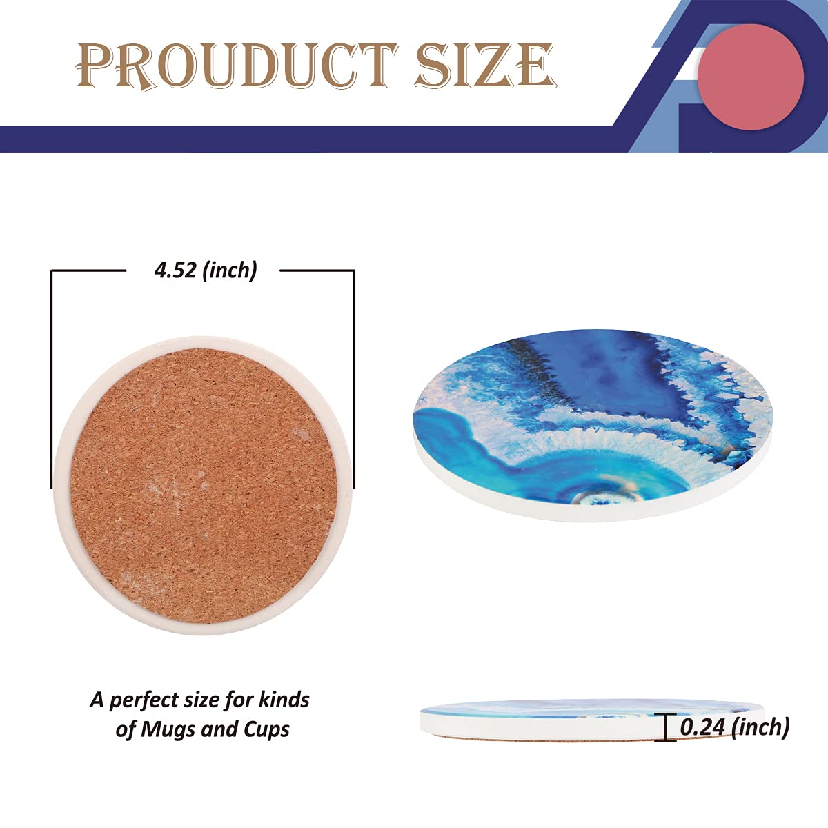 Round Absorbent Ceramic Stone Drink Coasters Set of 4 - Non-Slip Cork Base for Mugs, Cups & Table Protection - Lemon Design - Perfect for Coffee, Tea & Dining Table Decor