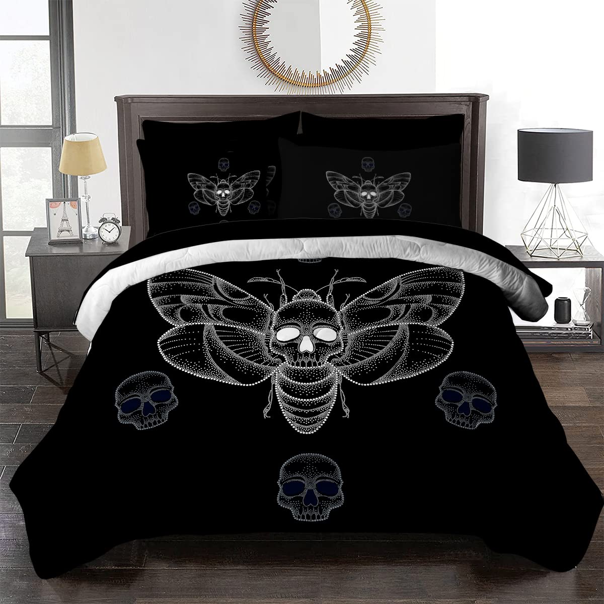 **BlessLiving Death Moth King Size Bedding Set – Gothic Hawk Moth Skull Design in Black & White, 8-Piece Halloween Comforter Set with Sheets for Boys & Teens, Perfect for Spooky Bedrooms & Themed Decor**