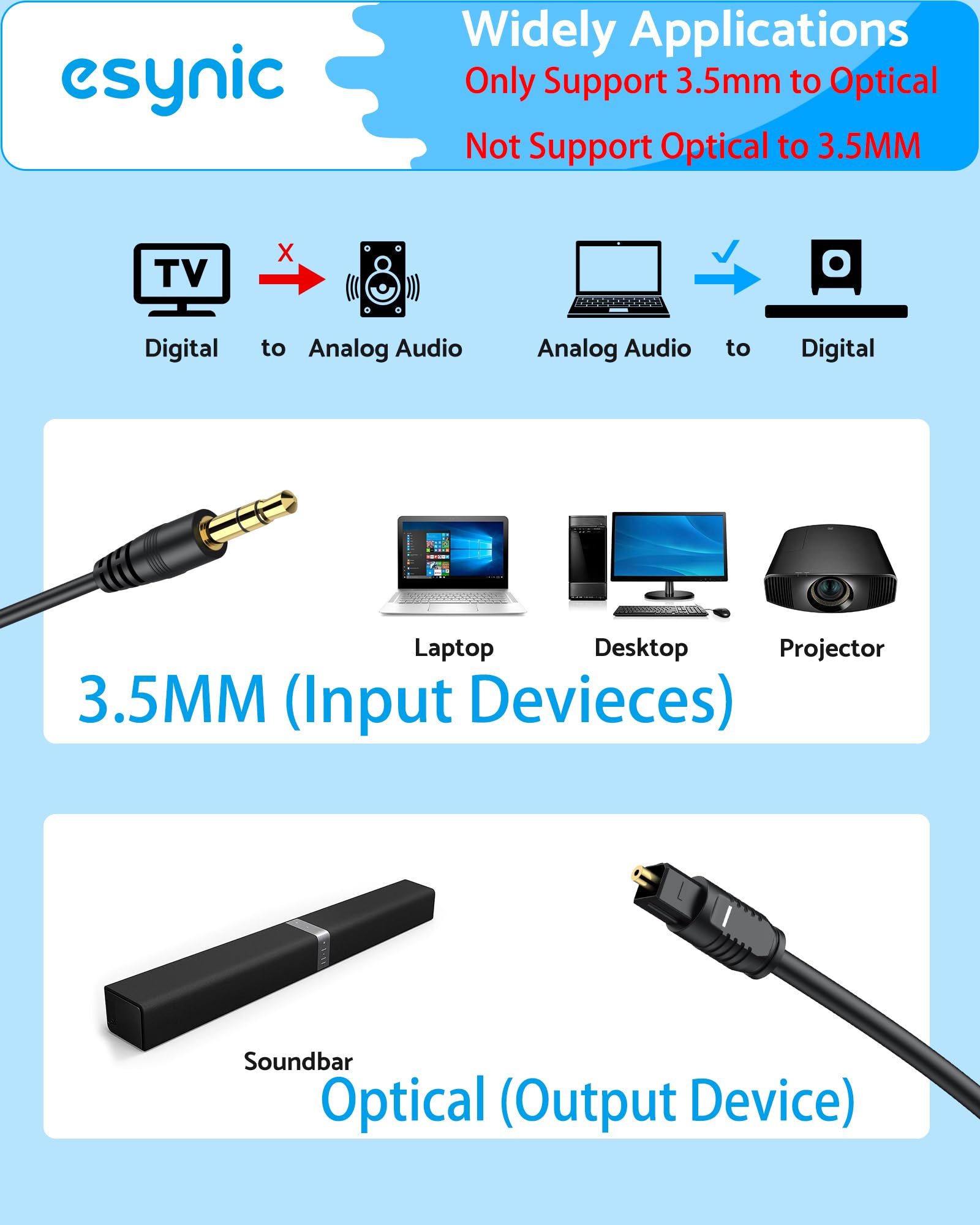 eSynic Analog to Digital Audio Converter - 3.5mm to Optical Adapter, Aux to SPDIF Converter with Alloy Shell for Laptop, Soundbar, TV, Home Theater (Supports PCM Audio Output) - Perfect for Home Entertainment & Gaming Systems