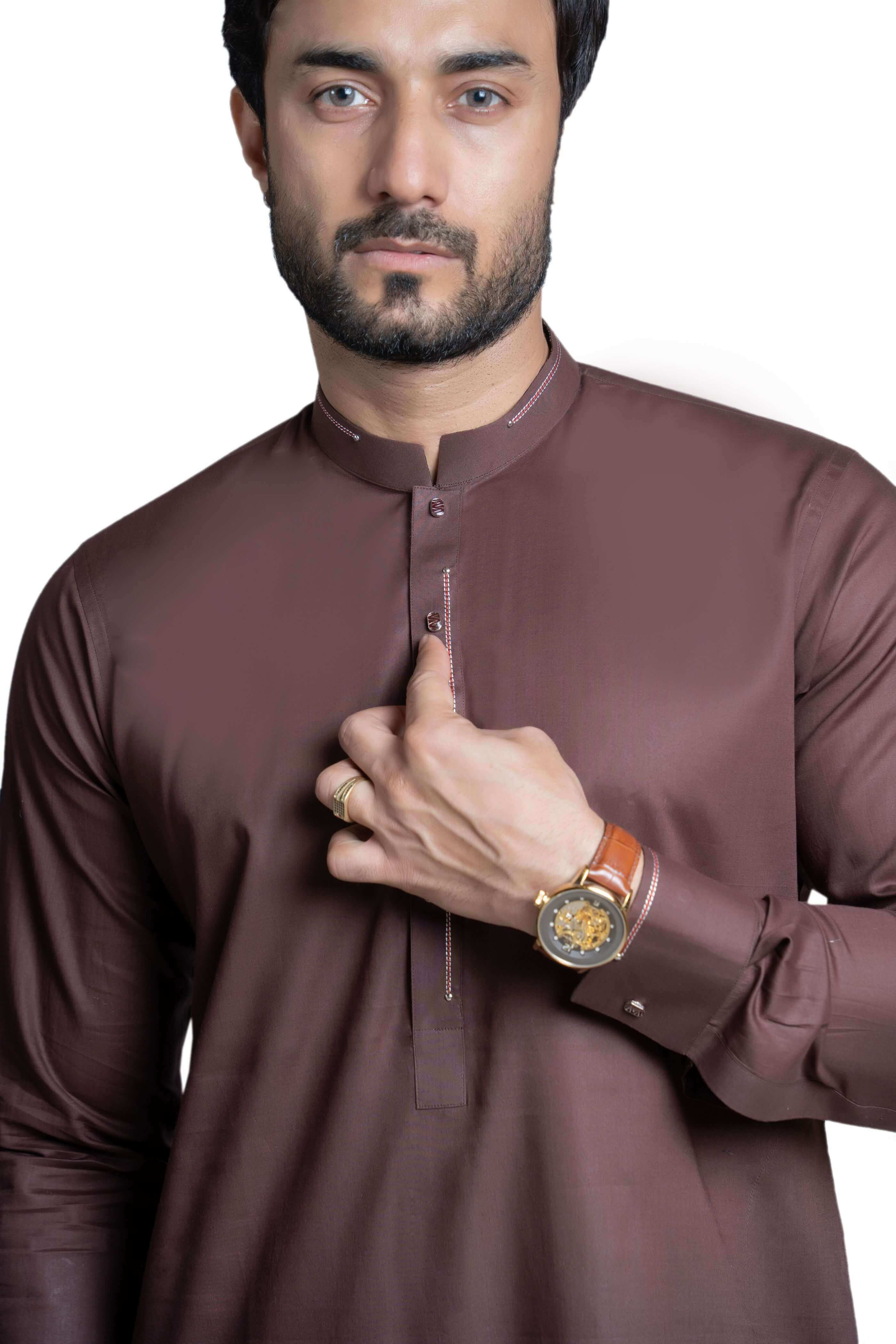 Brown Chambray Cotton Viscose Blend Kurta Pant Set for Men - Comfortable Ethnic Wear for Festivals, Weddings & Casual Outings