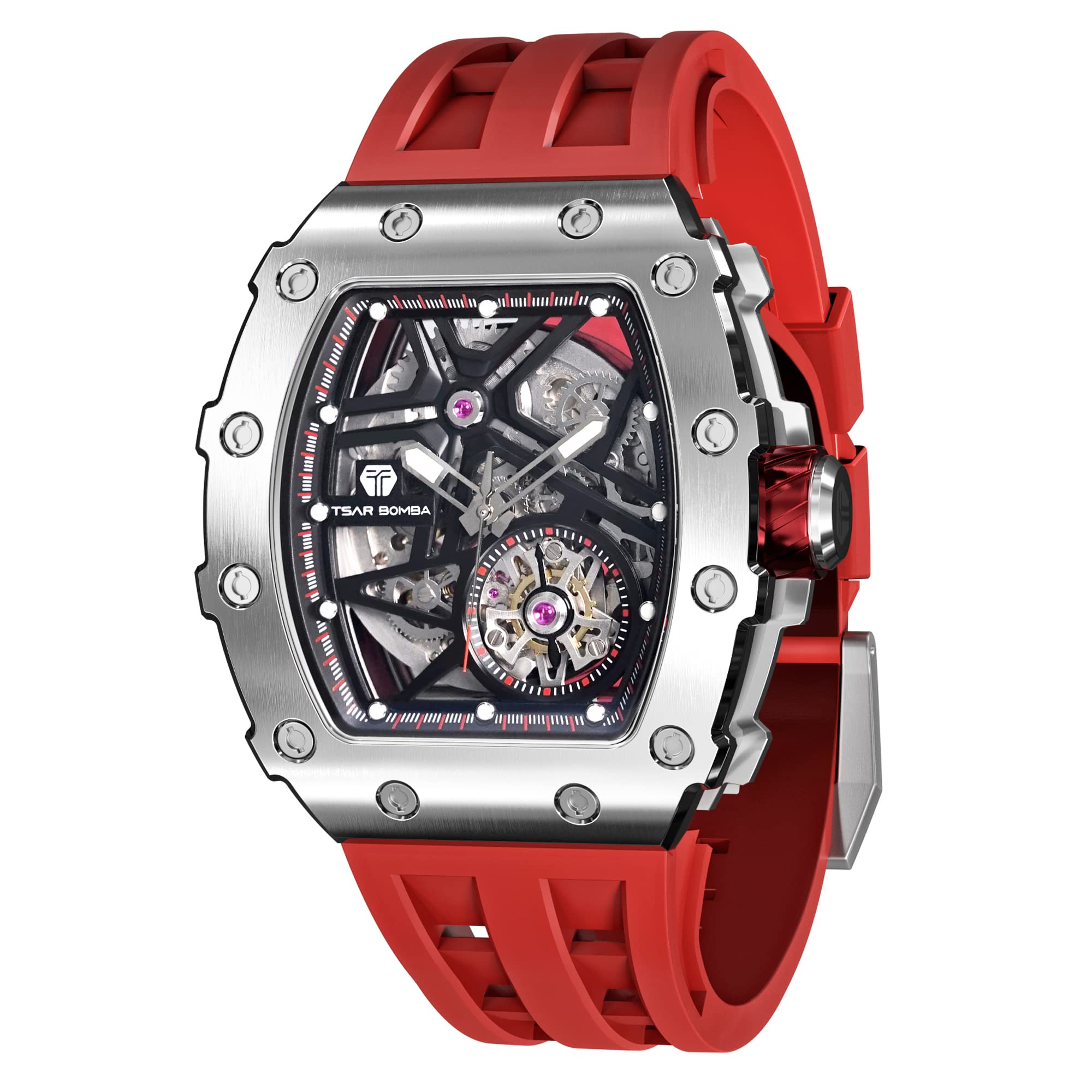 TSAR BOMBA Men's Automatic Skeleton Watch - Luxury Tonneau Design, 50M Waterproof, Silver Square Big Face with Silicone Strap - Perfect for Business, Formal Events & Everyday Wear
