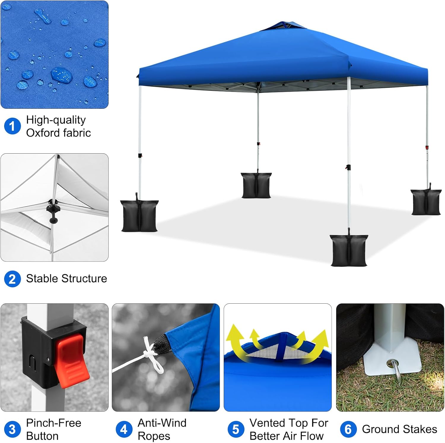 WEIZE 10x10 Pop Up Canopy Tent - Instant One-Button Setup, Adjustable Height Gazebo with 4 Weight Bags | Portable Shelter for Outdoor Events, Camping, Beach & Backyard Parties | Silver Coated Top & Blue Frame Sun Shade Protection