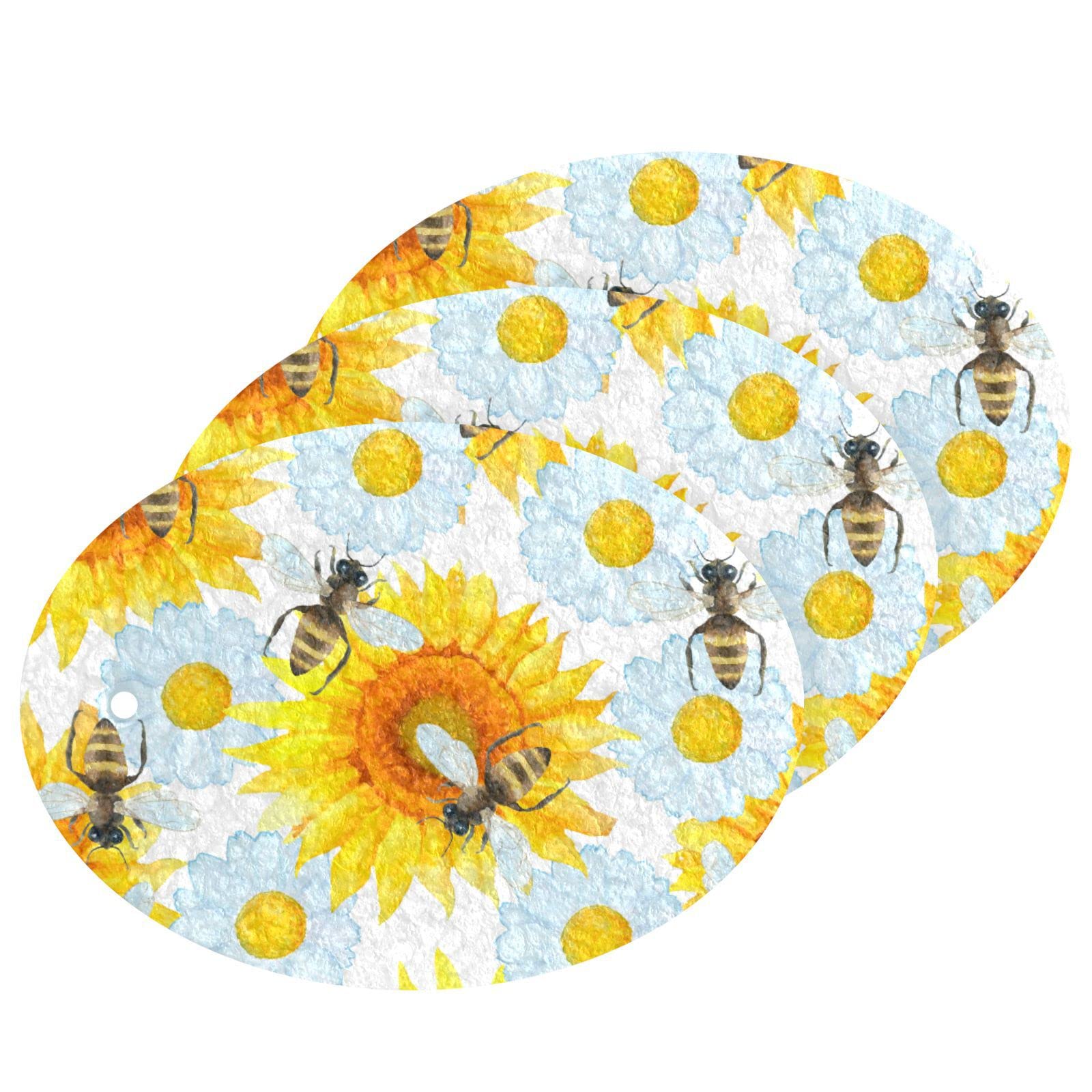 Kcldeci 3 Pack Kitchen Dish Scrub Sponge Pads - Bees Daisy Sunflower Design, Heavy Duty Dishwashing Sponges for Non-Stick Pans, Pots & Pans - Perfect for Household Cleaning, Kitchen Sink & Countertop Use