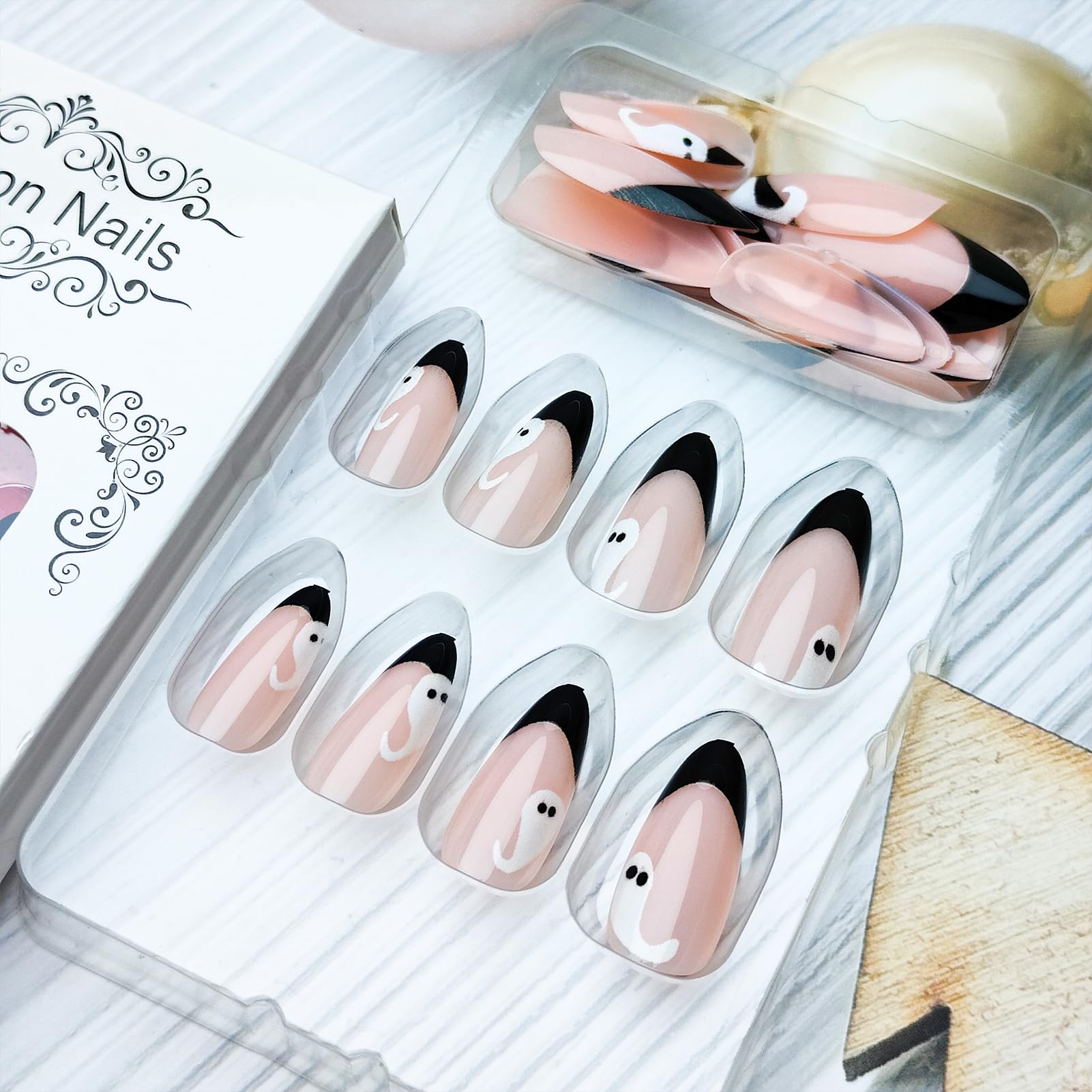 Black French Tip Press on Nails - Medium Almond Fake Nails with White Ghost Designs | Glossy Nude Pink False Nails for Women & Girls | Halloween Manicure Set of 24Pcs | Perfect for Halloween Parties, Costume Events & Spooky Nail Art