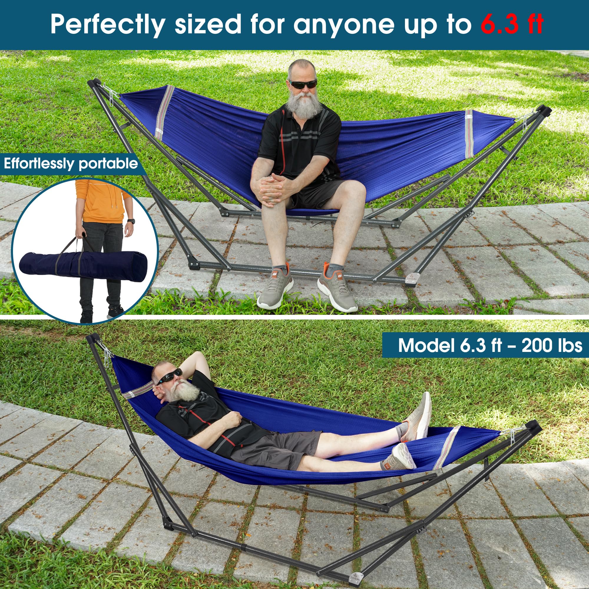 Premium Tranquillo Camping Hammock with Stand - 600 lbs Capacity 2-Person Foldable Hammock, Collapsible & Noiseless Heavy Duty Design (Blue) - Perfect for Backyard Relaxation, Beach Trips & Outdoor Adventures