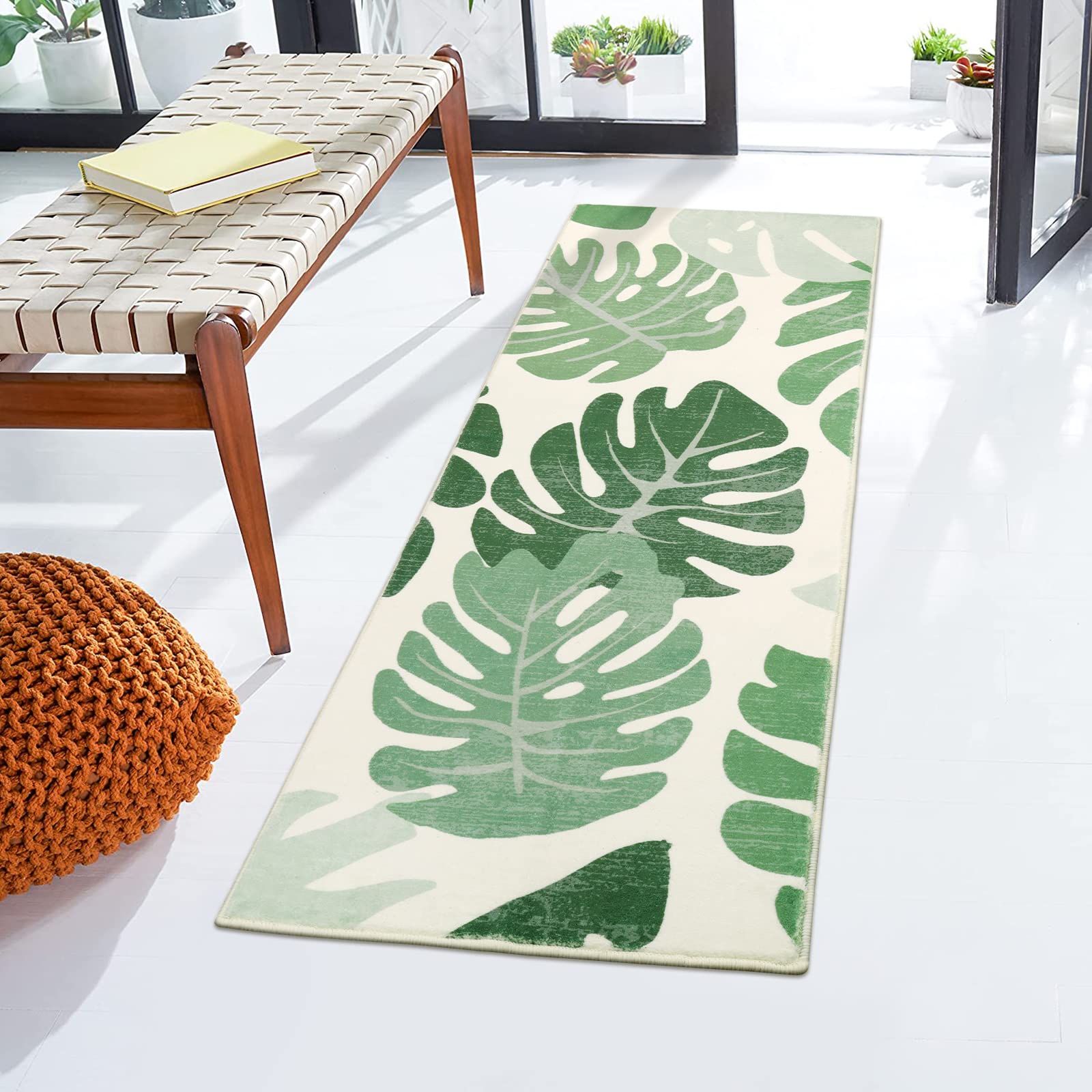 Lukinbox Non-Slip Washable Bathroom Runner Rug - Soft Velvet Green Leaf Design, 20x59 Inch Long Bath Mat for Bathroom, Kitchen, Hallway, Bedroom & Living Room | Perfect for Cozy Home Decor and High-Traffic Areas