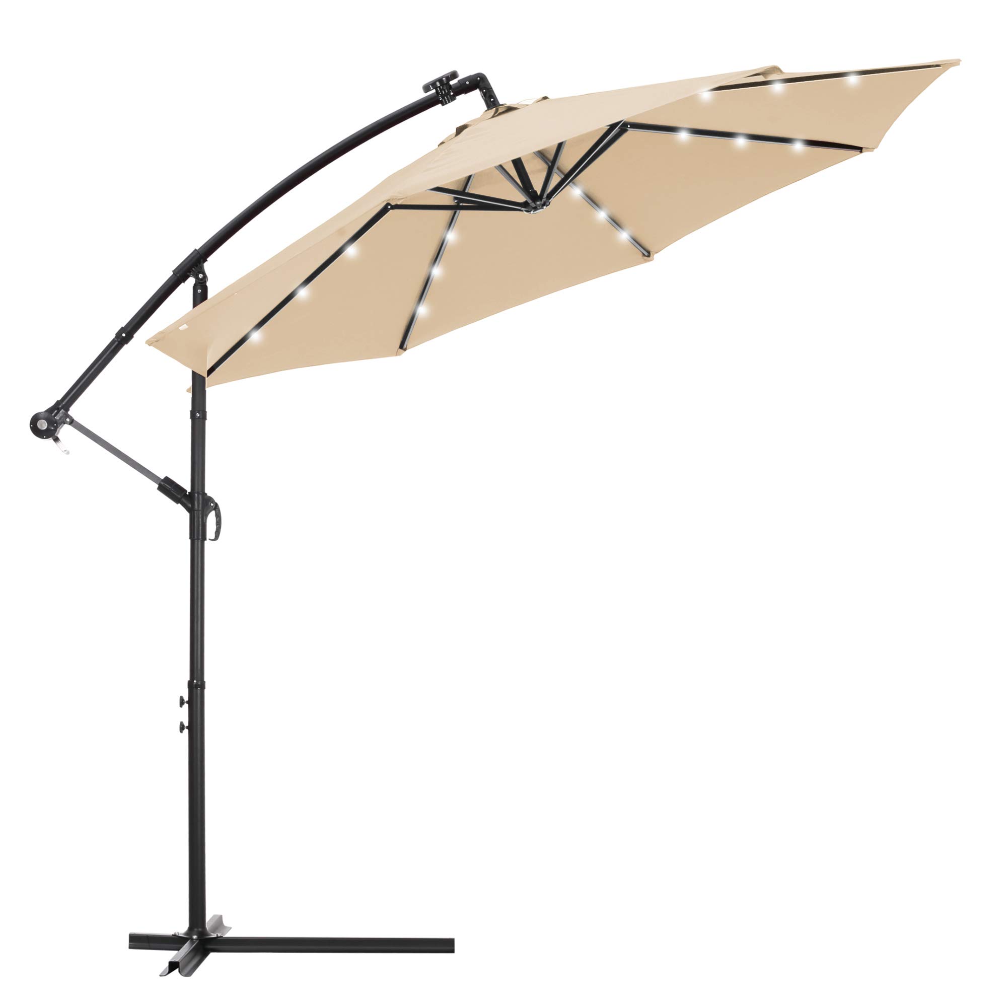 10FT Solar LED Outdoor Cantilever Umbrella with 24 Lights - Easy Open Tilt Adjustment & Crank Lift System - Perfect for Patio, Garden, Backyard, Deck and Poolside (Tan) | Weatherproof Sun Shade for Outdoor Dining, Lounging and Relaxation