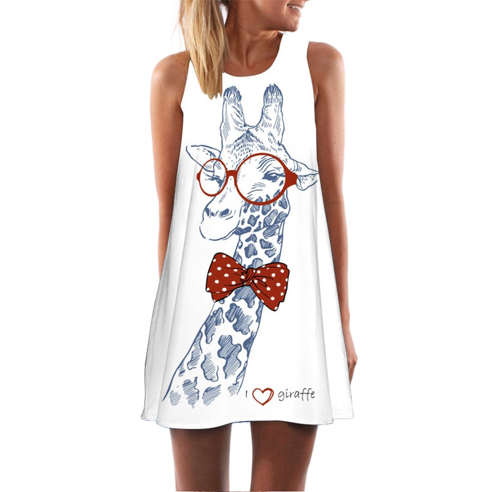 HANZHAN Women's Summer Mini Dress 2022 - Sleeveless Short Giraffe Print Tank Dress, Loose Fit for Casual Wear, Beach Outings & Summer Vacations