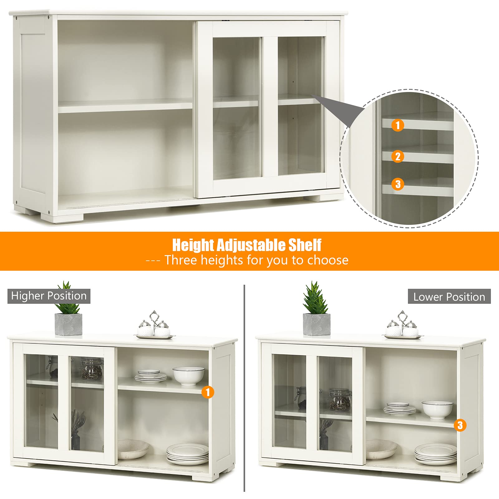 Costzon Wooden Sideboard Buffet Cabinet with Adjustable Shelf & Sliding Glass Doors - Cream White Kitchen Storage Cabinet, Coffee Bar Console Table for Living Room, Dining Room, Hallway | Perfect for Home Decor, Entertaining Guests & Organizing Dishes