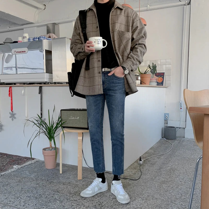 Men's Autumn Thick Wool Plaid Shirt - Casual Loose Fit Long Sleeve Button Up Top | Korean Trend Fashion | Perfect for Fall Outfits, Outdoor Activities and Layered Streetwear Looks