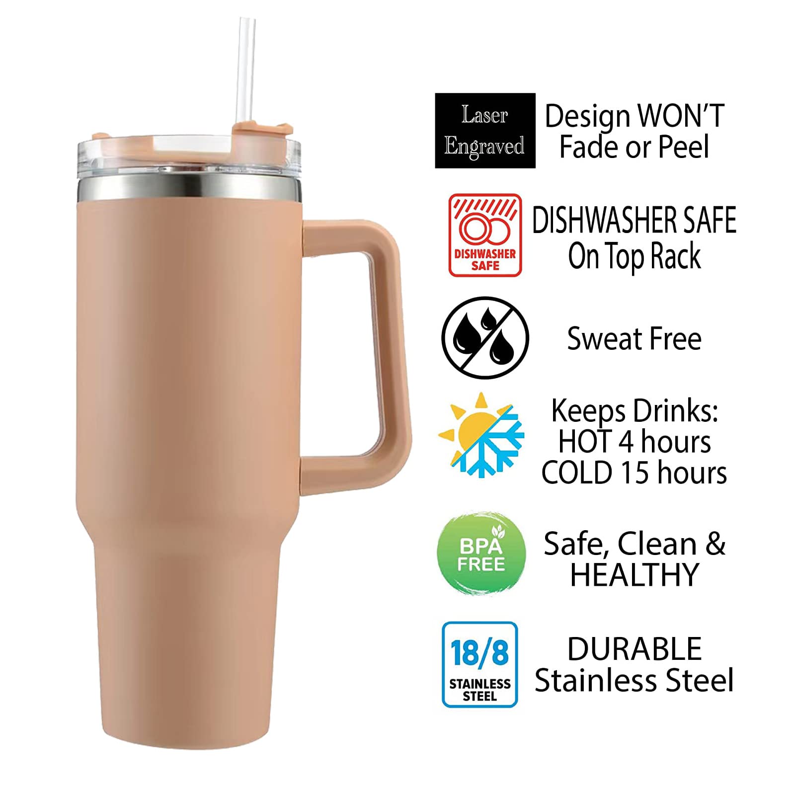 Custom 40oz Personalized Stainless Steel Tumbler with Lid, Straw & Handle - Engraved Name/Logo - Insulated Travel Mug for Hot & Cold Drinks - Perfect Gift for Men & Women - Ideal for Office, Gym, Hiking & Outdoor Activities