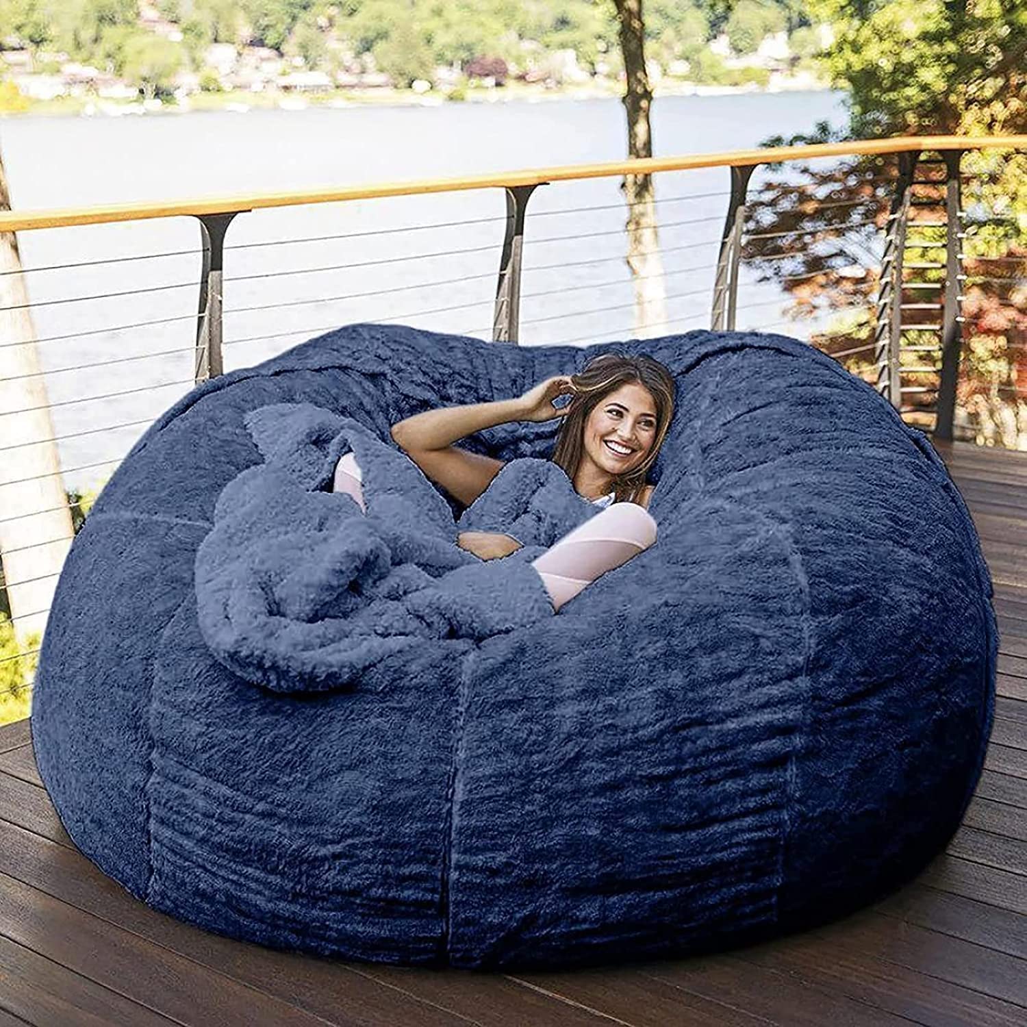 7ft Giant Memory Foam Bean Bag Chair Cover - Portable Living Room Furniture for Adults & Kids (Dark Blue, Filler Not Included) | Perfect for Home Theater, Game Room & Dorm Decor