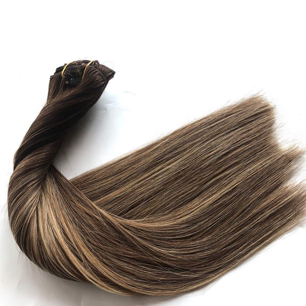Balayage Straight Clip-in Human Hair Extensions #4 Medium Brown to #24 Medium Auburn - 100G 8pcs Double Weft Remy Hair - 100% Real Human Hair Silky Straight 14