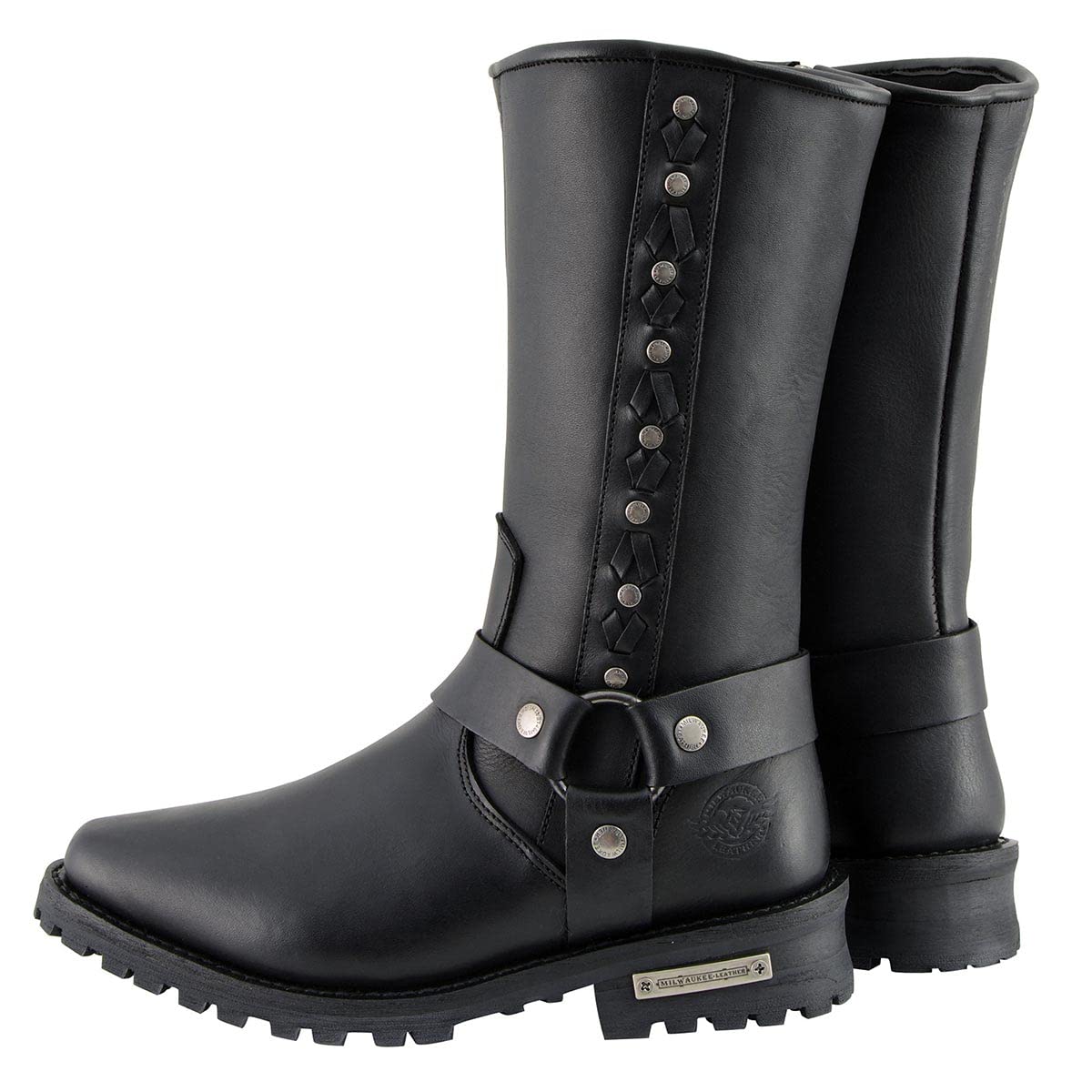 Milwaukee Leather MBM9025 Men's Black Leather Motorcycle Boots with Braid & Riveted Details - Durable Riding Boots for Harley Davidson & Cruiser Bikes