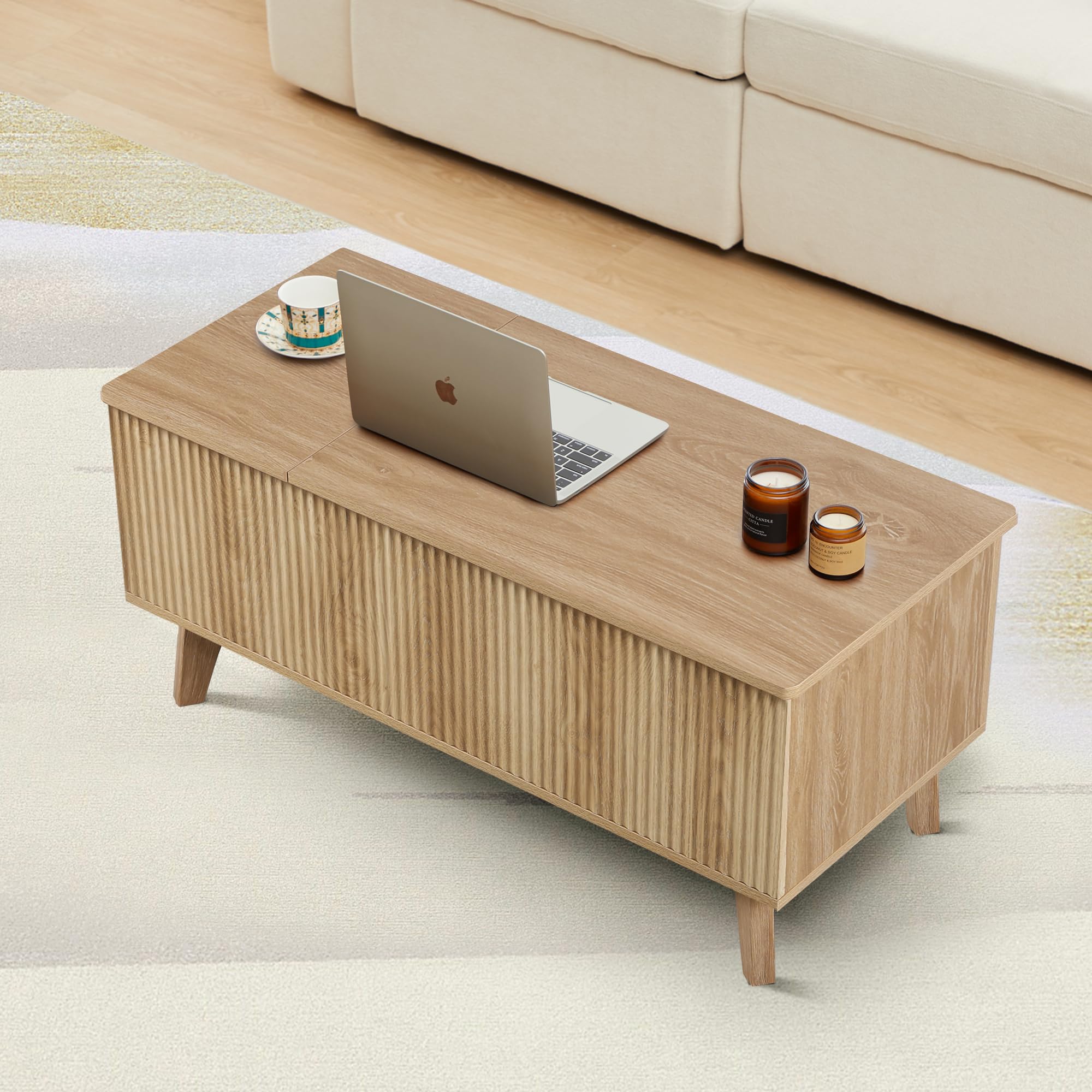 Modern Lift-Top Coffee Table with Hidden Storage - Wooden Fluted Design for Living Room & Office