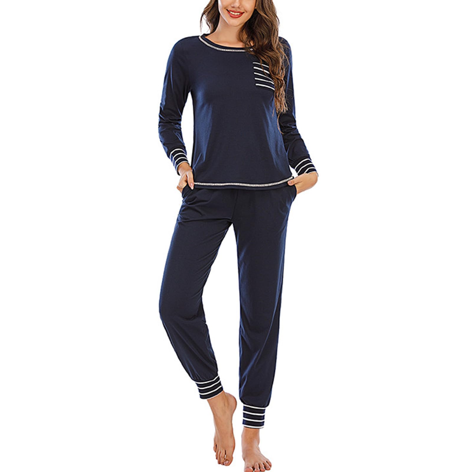 Women's 2-Piece Pajama Set - Soft Round Neck Long Sleeve Top & Comfortable Pants - Striped Printed Loungewear for Sleep & Relaxation at Home