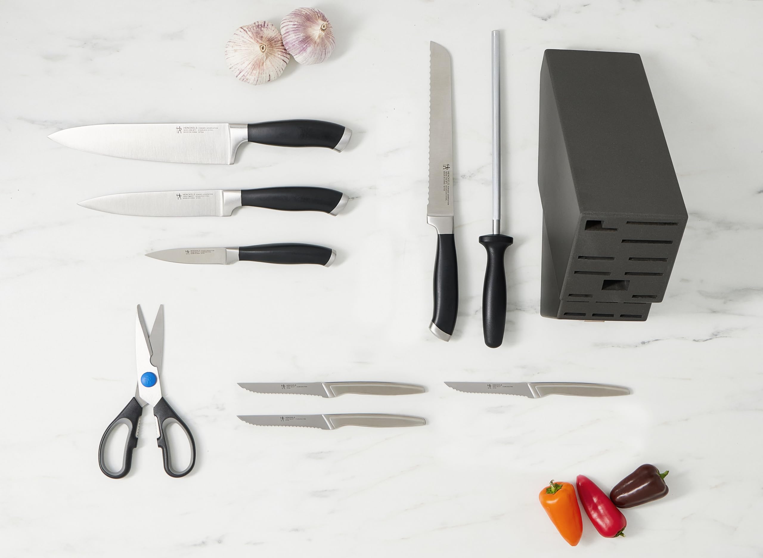 HENCKELS German Forged Stainless Steel 10-Piece Knife Block Set - Ultra Sharp Professional Chef Knives with Wooden Block, Dishwasher Safe Kitchen Cutlery Set (Black) - Perfect for Home Cooking, Restaurant Use & Gift Giving