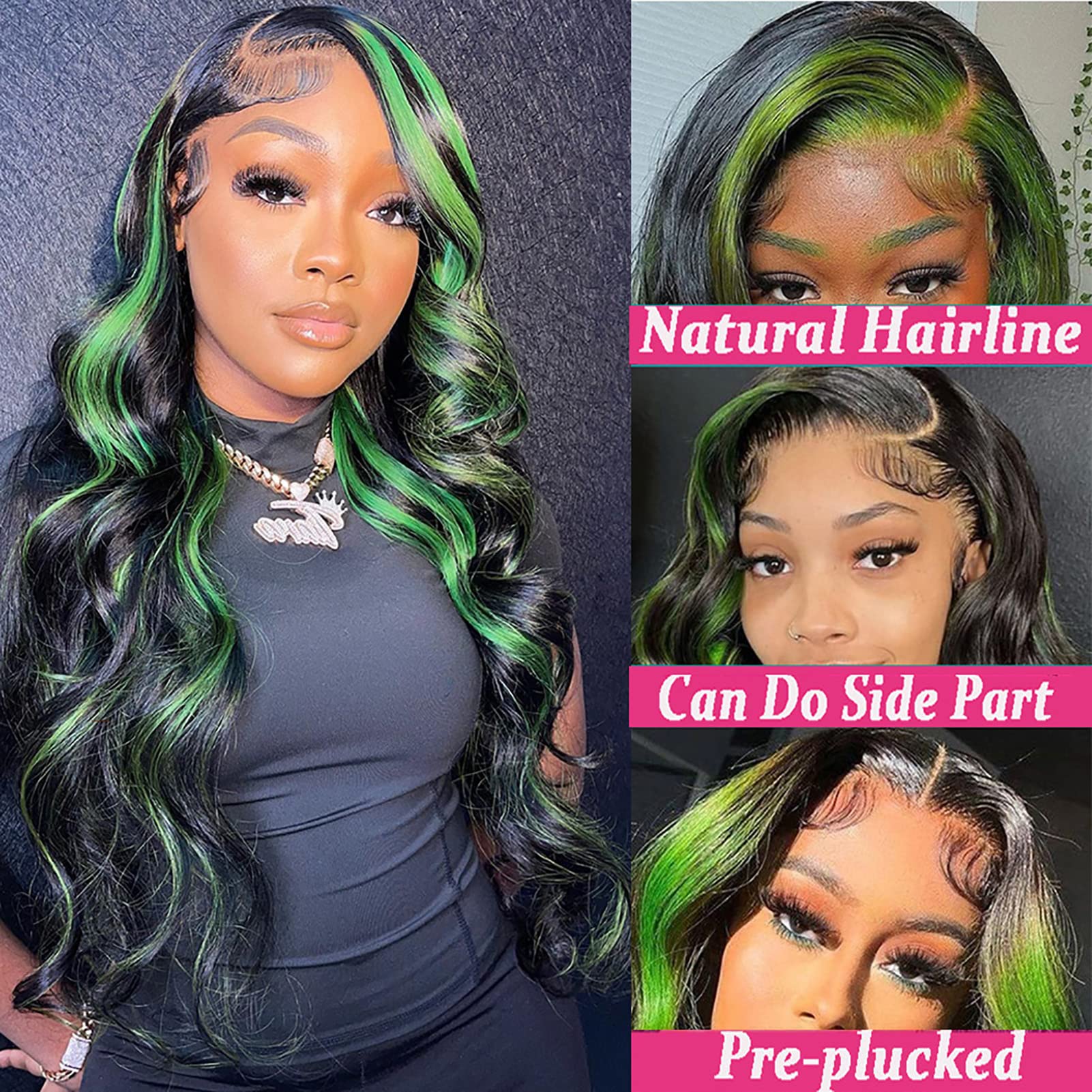 BLG 180% Density Green Human Hair Wig - 13x6 Lace Front Wig with Baby Hair, Pre-Plucked Body Wave Virgin Hair, 26 Inch Black & Green Colored Lace Frontal Wig for Cosplay, Halloween, Fashion Shows and Daily Wear