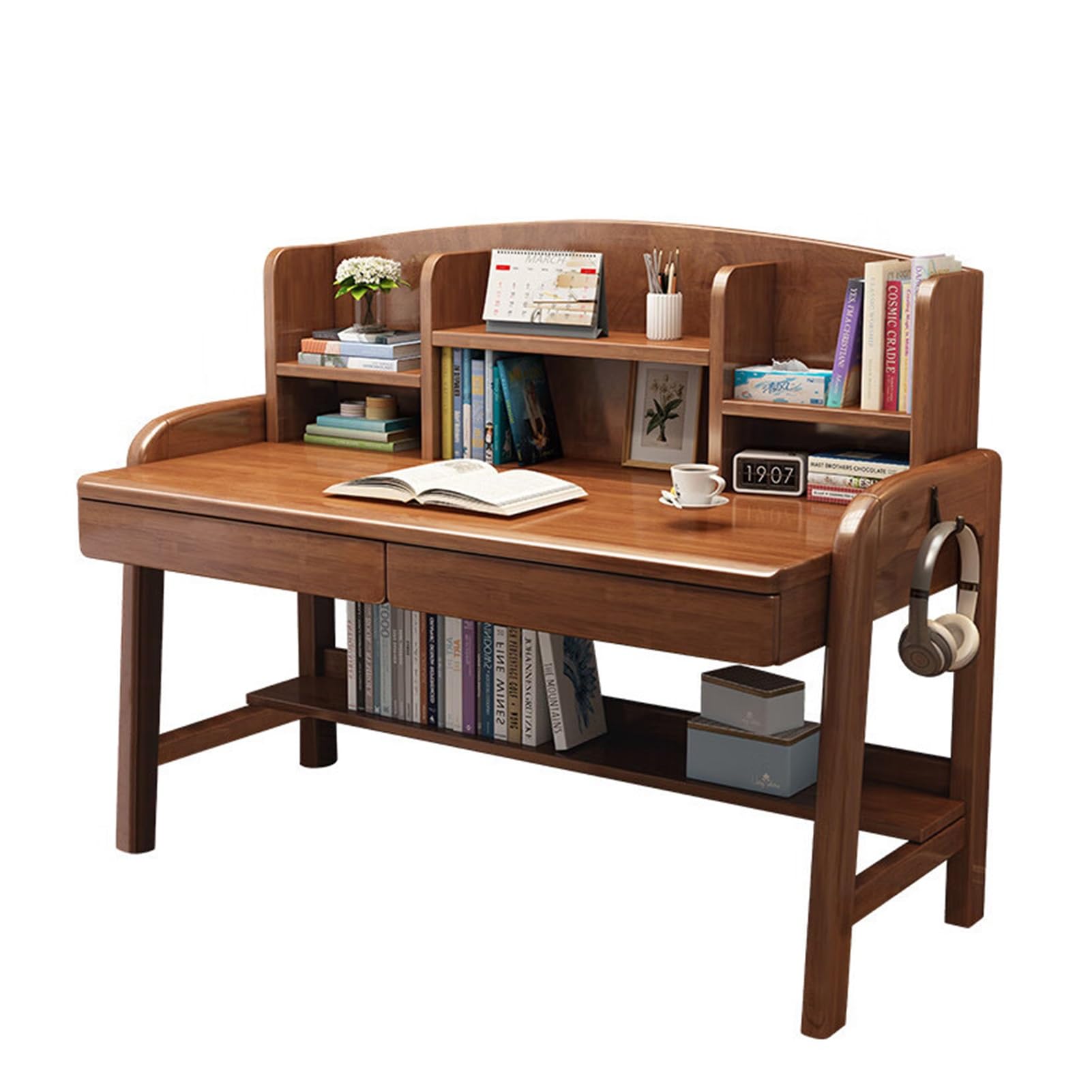 Solid Wood Kids Desk with Drawers & Bookshelf - Adjustable Height Study Desk for Children & Adults - Multi-Functional Home Office Computer Desk with Hooks - Perfect for Homeschooling, Remote Work & Study (Brown)