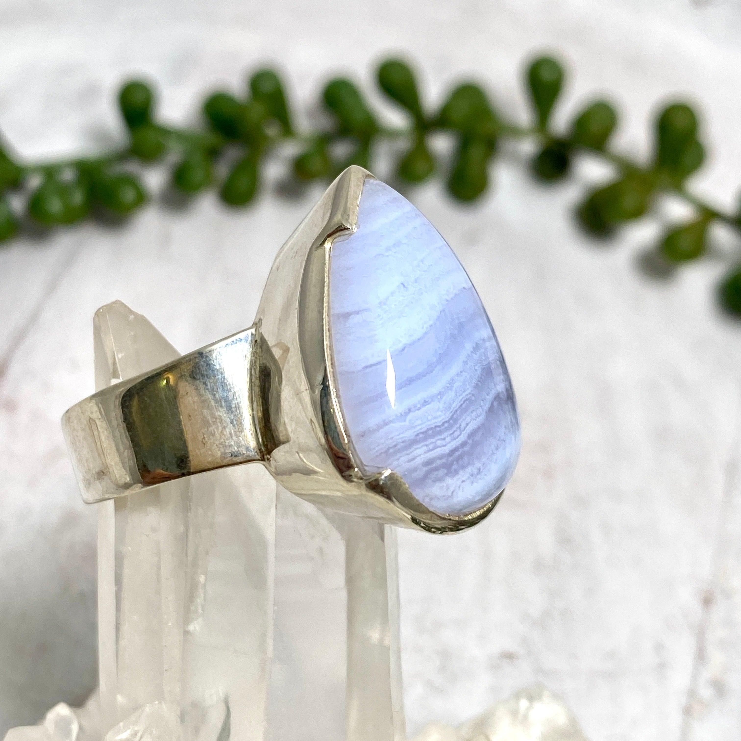 Blue Lace Agate Teardrop Cabochon Ring - Size 10 - KRGJ1898 - Elegant Handmade Jewelry for Women, Perfect for Weddings, Parties & Special Occasions