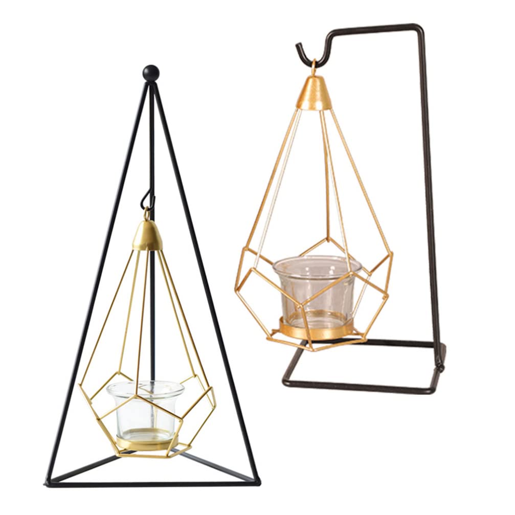 Amosfun 2-Pack Wrought Iron Geometric Candle Holders - Metal Pillar & Hanging Tealight Candle Stands - Nordic Style Cage Votive Candlesticks for Home, Office, Wedding & Party Decor