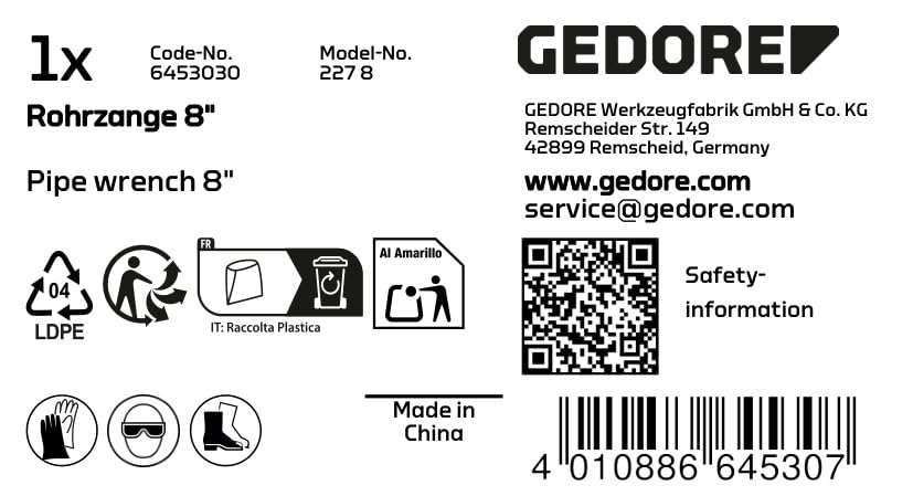 GEDORE 227 8-Inch Pipe Wrench - Heavy Duty Steel Plumber's Tool for Plumbing, HVAC & DIY Projects - Perfect for Tightening & Loosening Pipes