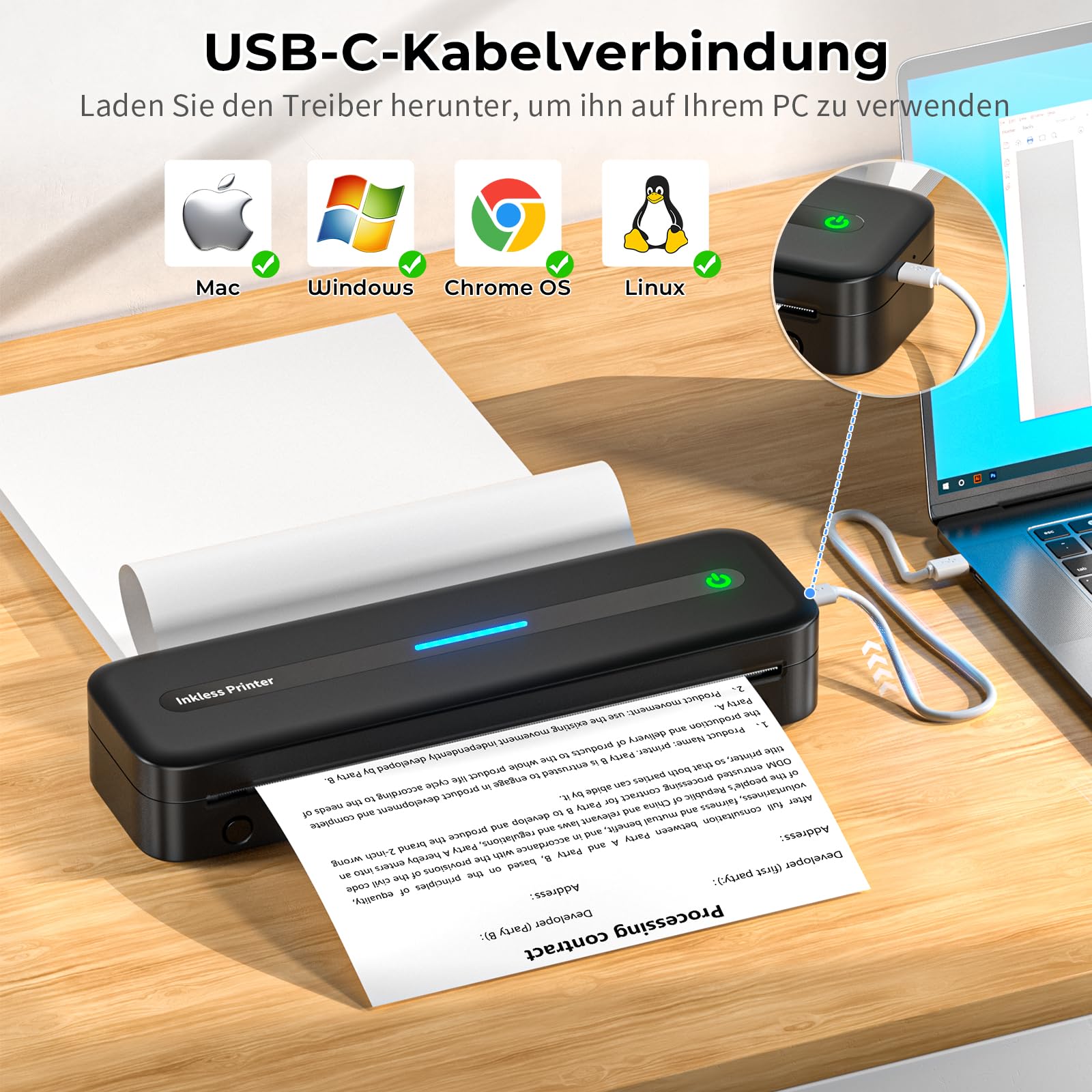 PokeLabel Mobile A4 Printer for Travel - Wireless Bluetooth Thermal Inkless Printer, 300dpi Portable Compact Printer for Android/iOS/Windows/Mac - Perfect for Business Trips, Home Office & On-the-Go Printing