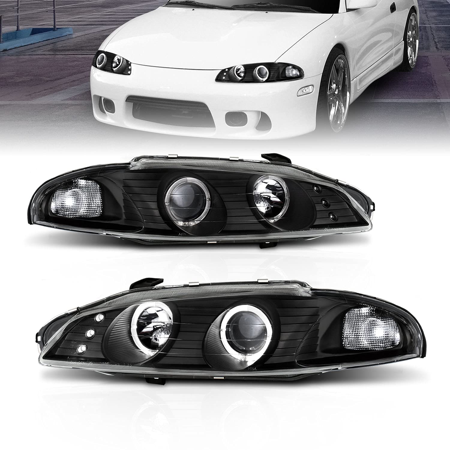 AmeriLite G2 Projector Headlights with Halo Rings - Black for Mitsubishi Eclipse (Passenger & Driver Side) - High-Performance Lighting for Night Driving & Car Customization
