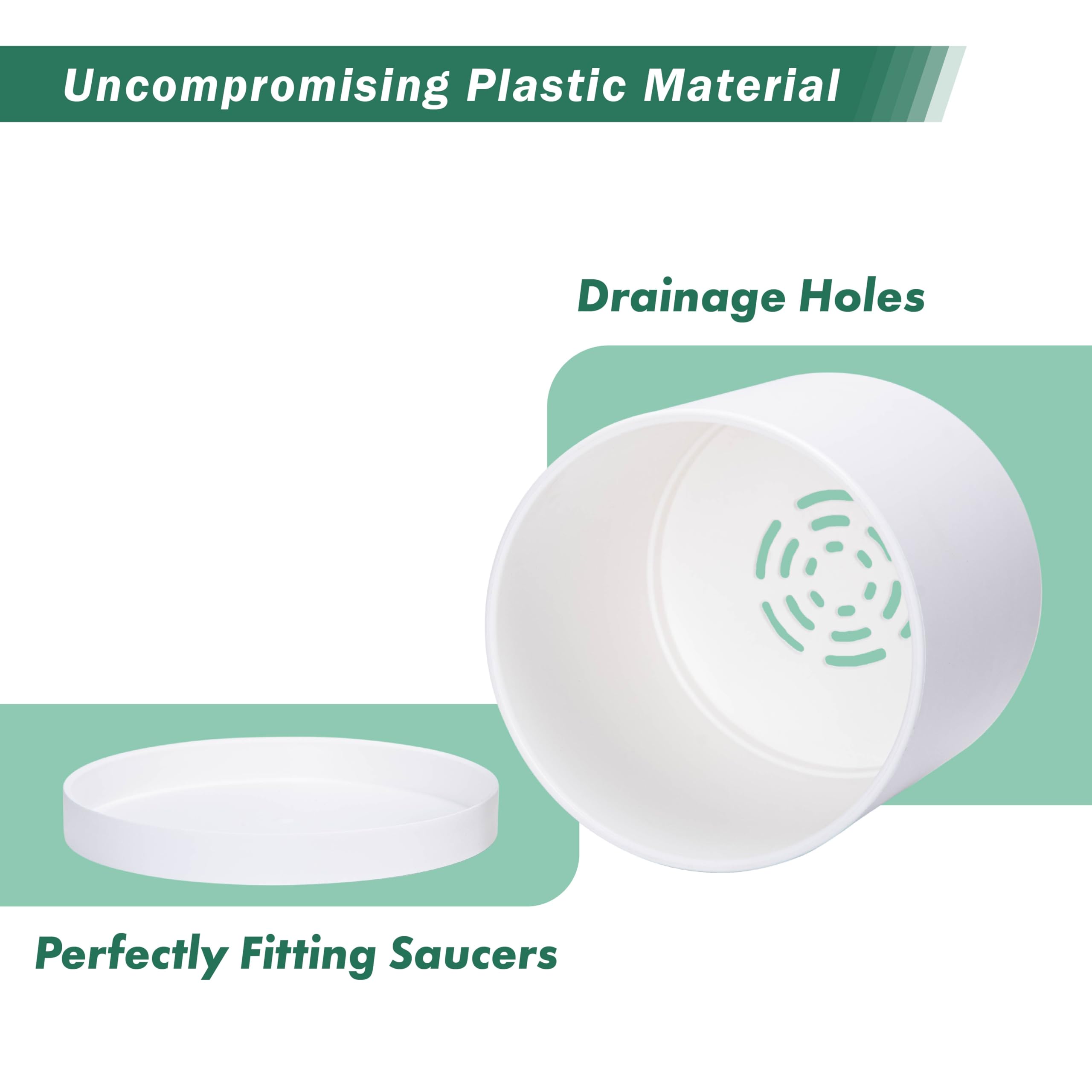 14 Inch White Plastic Planter Pots with Drainage Hole & Saucer - D'vine Dev Flower Pots for Indoor Outdoor Plants - Perfect for Home Garden, Patio, Balcony Decor