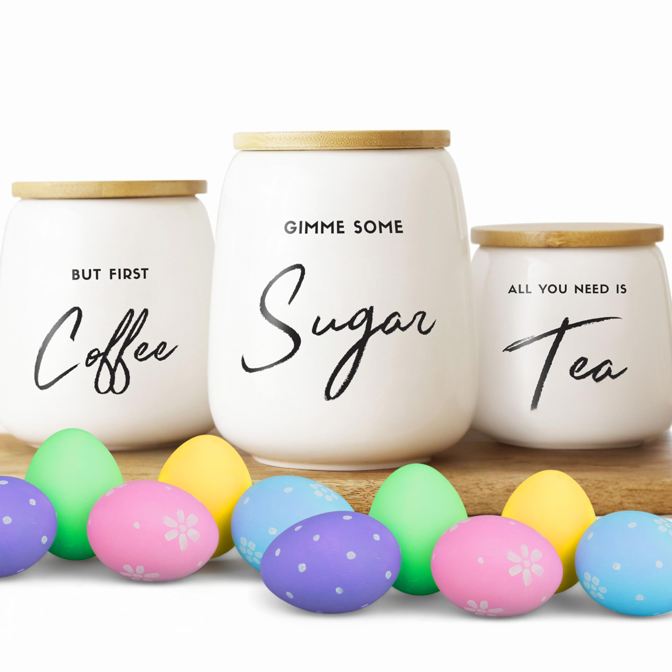 Premium 3-Piece Ceramic Canister Set for Coffee, Tea & Sugar - Airtight Kitchen Storage Containers with Lids - Perfect for Coffee Bars, Pantry Organization & Countertop Display