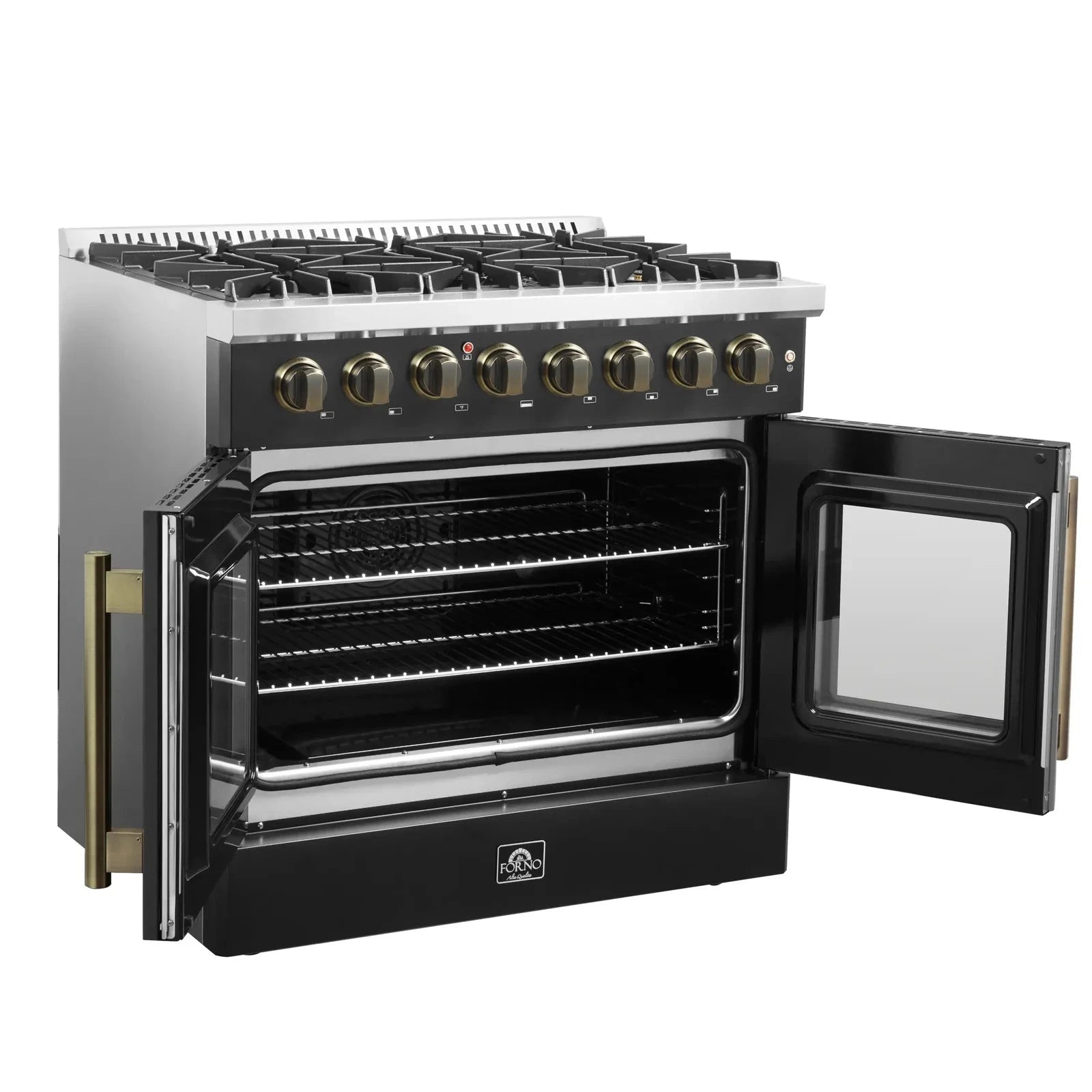 **Forno Galiano 36-Inch French Door Dual Fuel Range - Gas Stove & Electric Oven in Black with Antique Brass Trim (Model FFSGS6356 36BLK) - Perfect for Modern Kitchens & Gourmet Cooking**