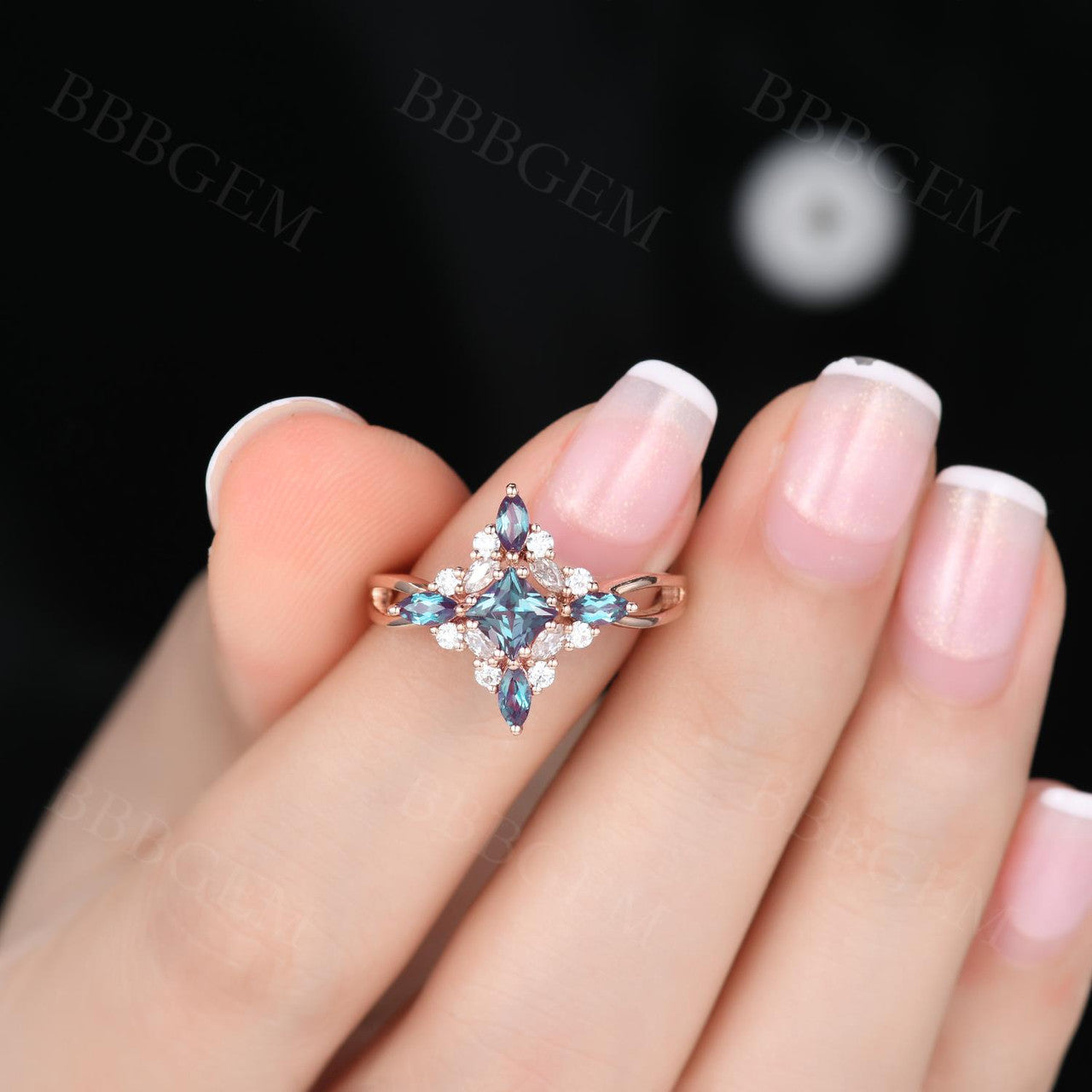 Vintage French Princess Cut Lab Alexandrite Infinity Crossover Ring Cluster Diamond - Elegant Engagement, Wedding, Anniversary Jewelry Gift for Women