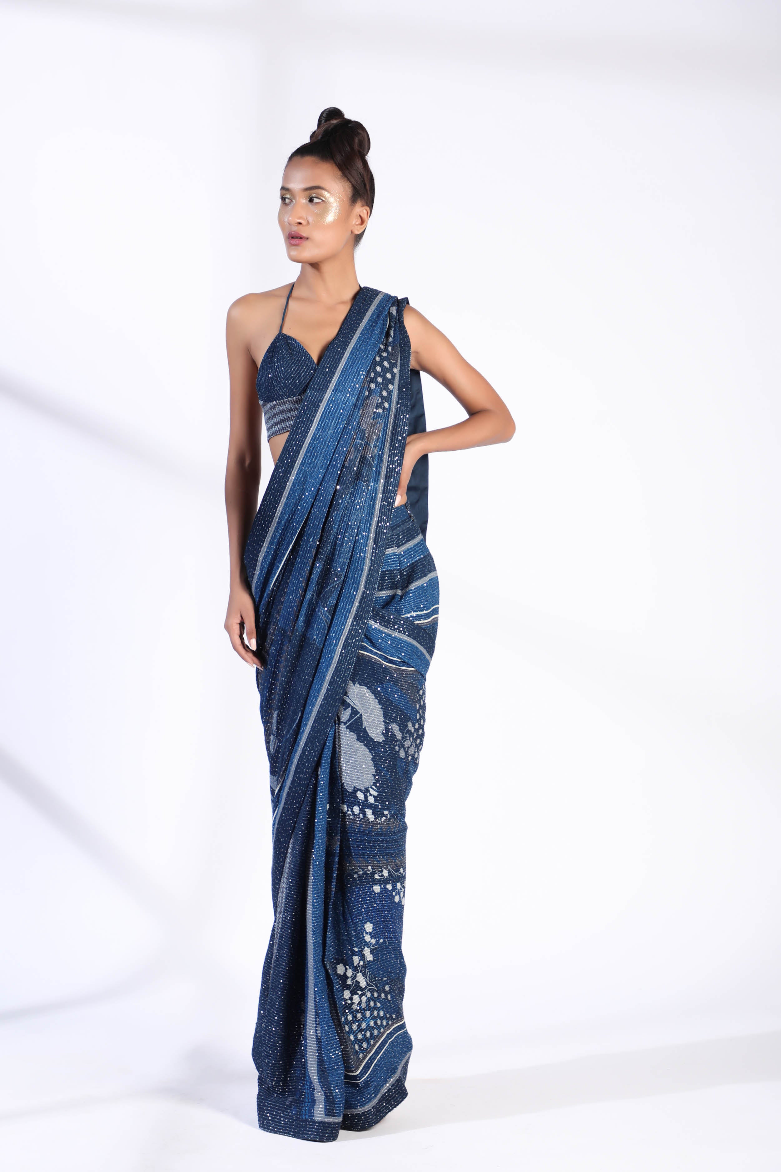 Indigo Blue Floral Two Piece Pre-Pleated Saree with Sheer Georgette Blouse - Elegant Indian Ethnic Wear for Weddings & Festive Occasions