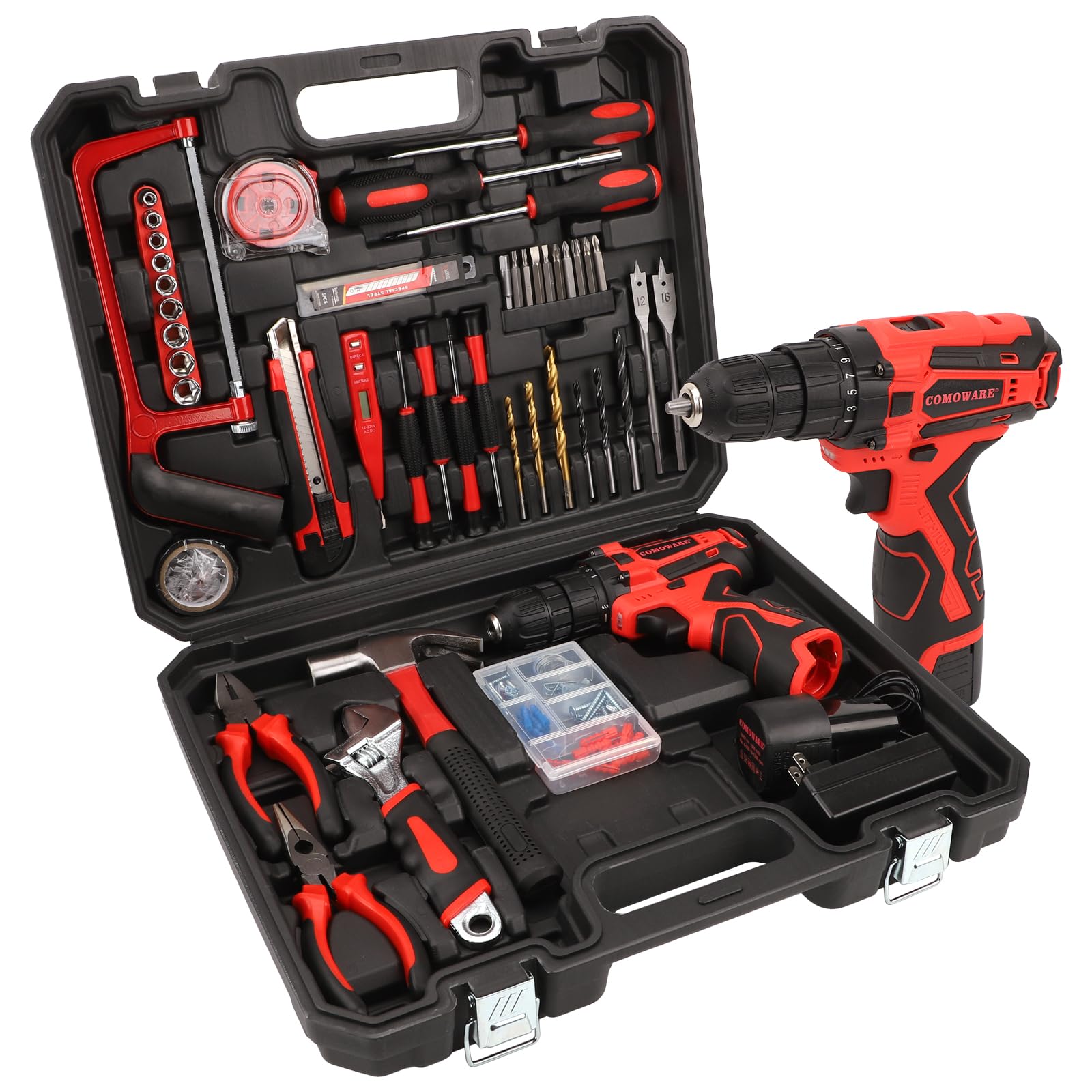 COMOWARE 16.8V Cordless Drill & 153-Piece Tool Kit Set - Professional Power Drill with Accessories for Home Repair, DIY Projects & Construction Work - Complete Household Tool Kit in Red Carrying Case