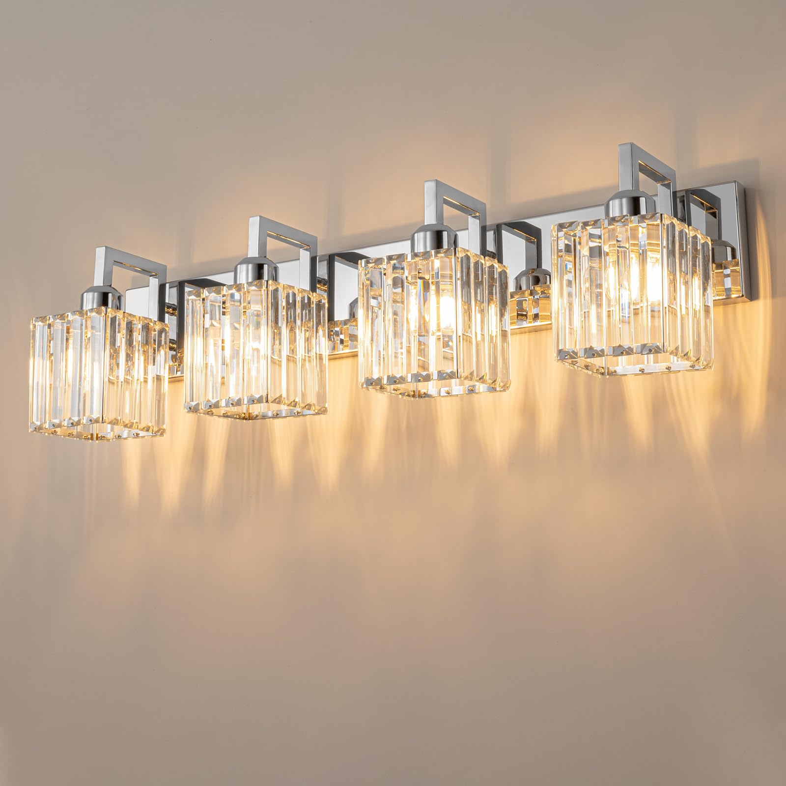 Modern Chrome Crystal Bathroom Vanity Light - 4-Light Wall Lamp for Contemporary Bathrooms | Perfect for Makeup, Shaving & Grooming Areas