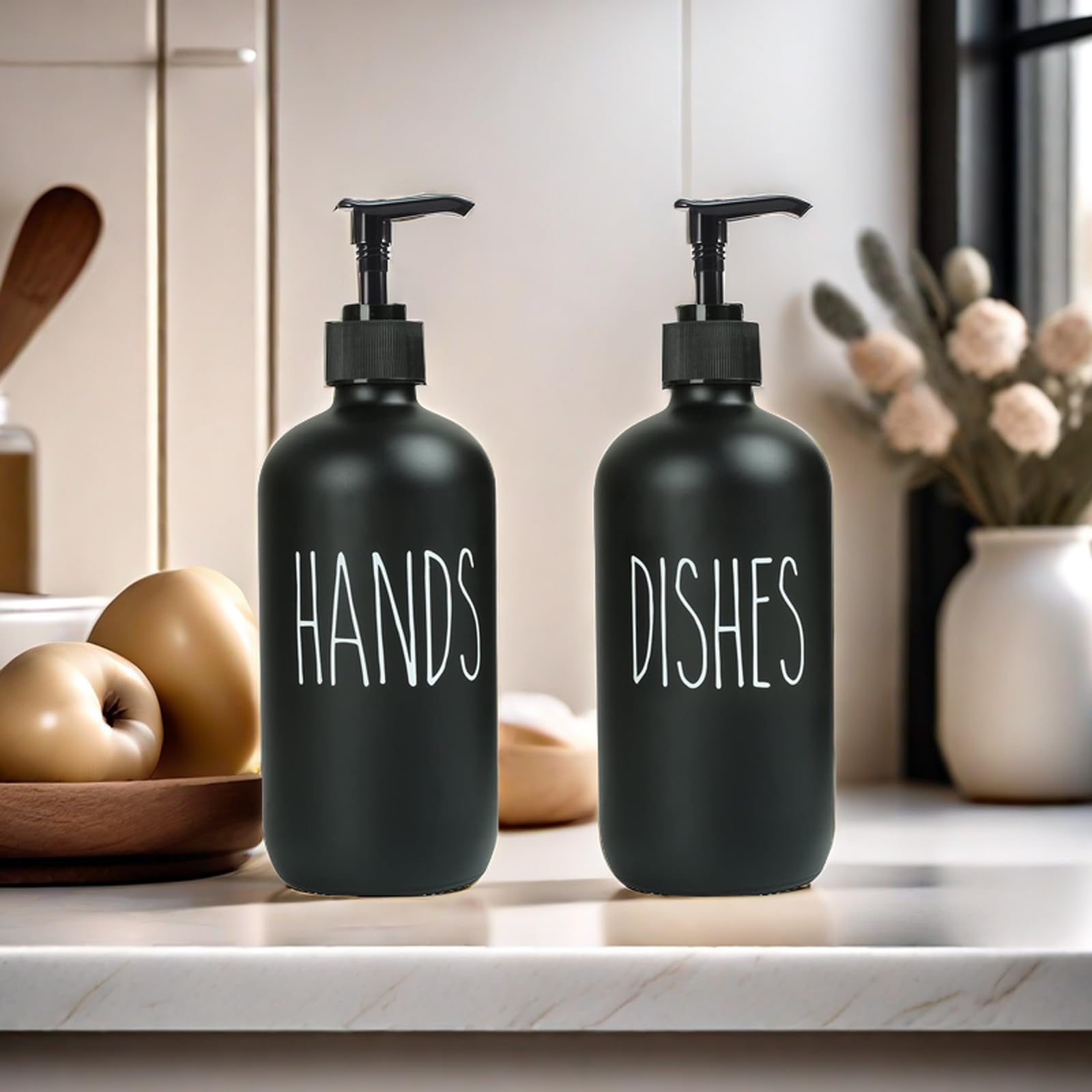 GOYISEE 16oz Glass Soap Dispenser with Pump - Elegant Black Hand & Dish Soap Dispenser for Bathroom & Kitchen Decor | Perfect for Countertop, Sink Area, and Home Accessories Organization (Black & Black Set)