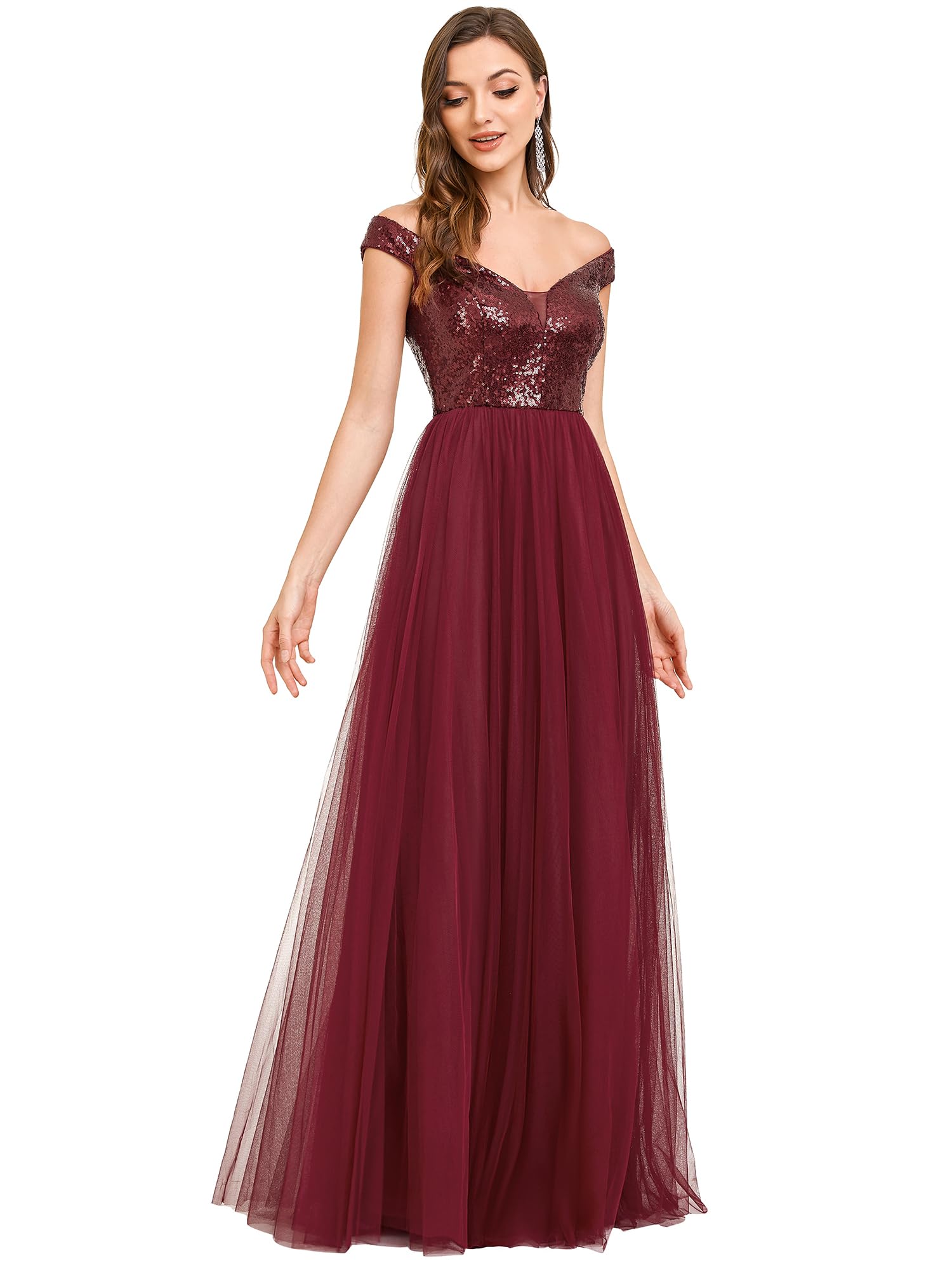 Ever-Pretty Women's V-Neck Sequin Tulle A-Line Evening Gown for Prom, Wedding Guest & Formal Events - Style 0277