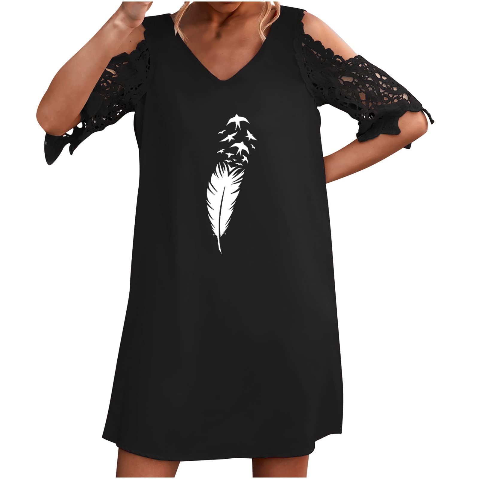 Women's Summer Cold Shoulder Lace Crochet Short Sleeve V-Neck Shift Dress - Casual Loose T-Shirt Style Party Dress for Beach, Vacation & Outdoor Events