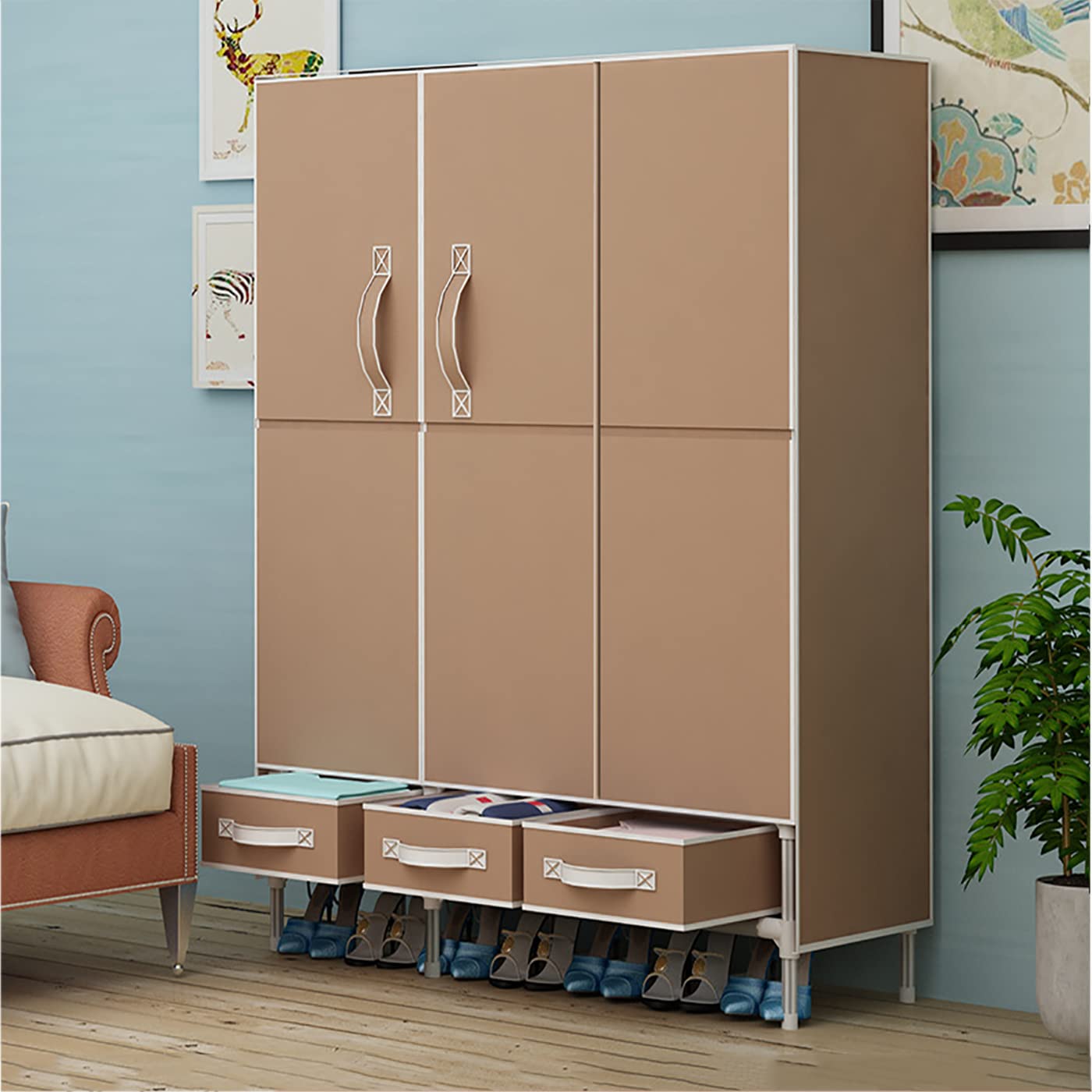 Portable Wardrobe Closet Organizer with Non-Woven Fabric Cover - Durable & Easy to Assemble for Bedroom, Dorm, Closet Storage - Perfect for Small Spaces, Travel & Home Organization
