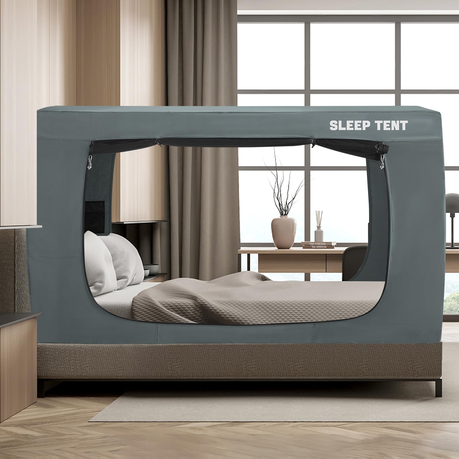 Portable Blackout Bed Tent for Twin Bed - Light Gray Indoor Canopy Privacy Tent for Kids & Adults | Breathable, Warm Sleeping Space | Perfect for Camping, Nap Time & Light Reduction (Mattress Not Included)